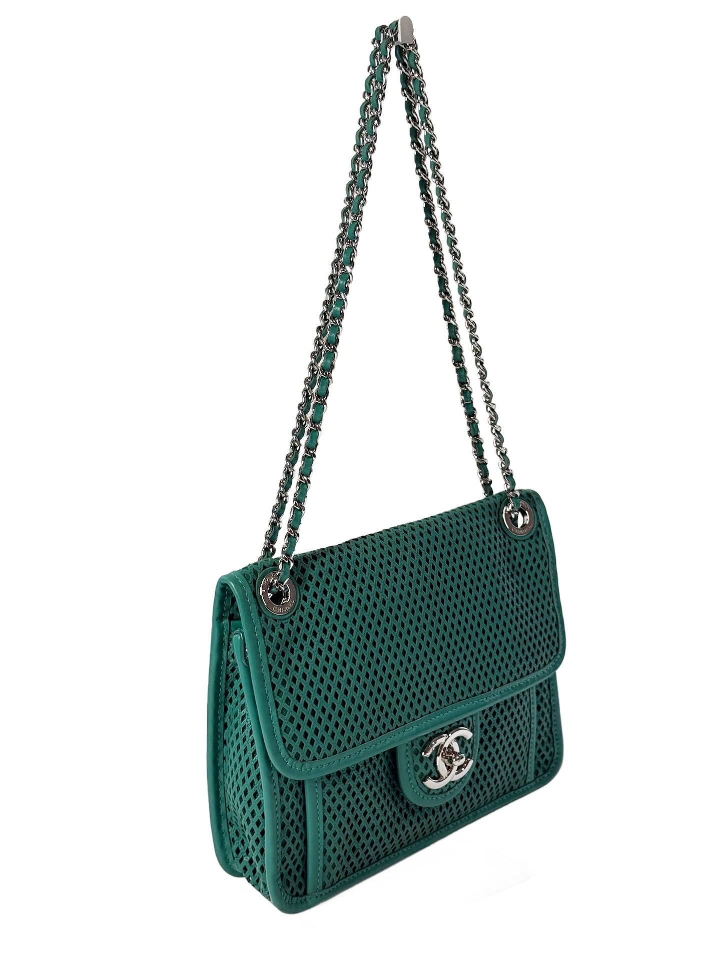Chanel Turquoise Perforated Leather Square Flap Bag