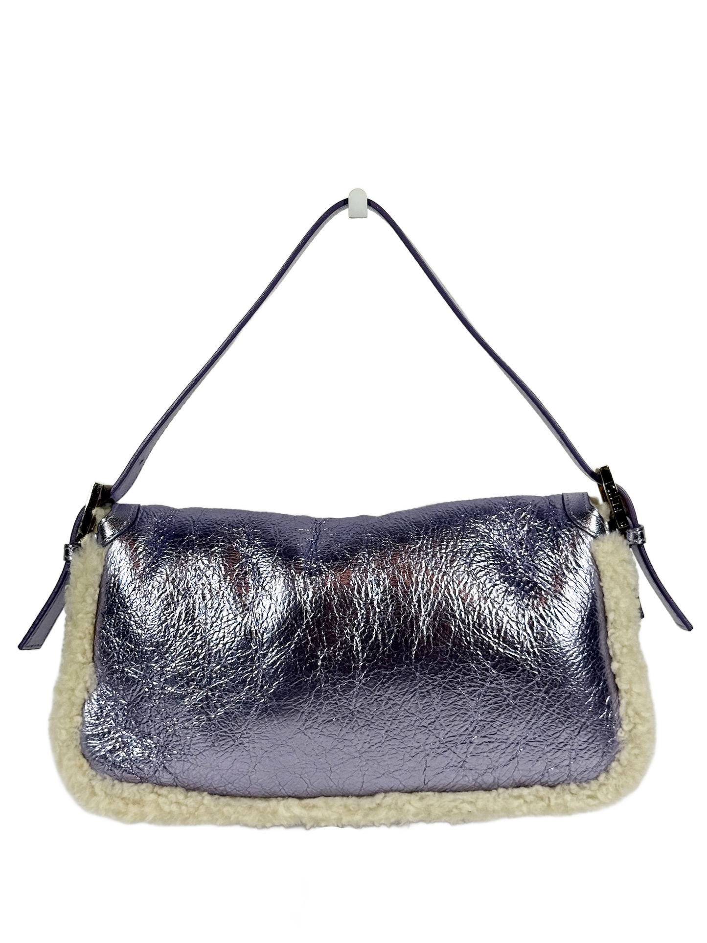 Fendi Metallic Purple Calfskin Shearling Trim Shoulder Baguette