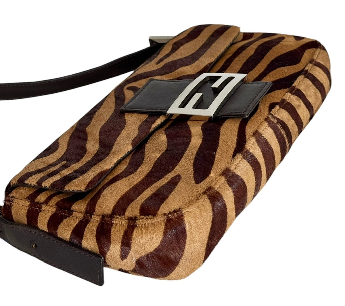 Fendi Vintage Brown Zebra Print Pony Hair Shoulder Baguette Bag