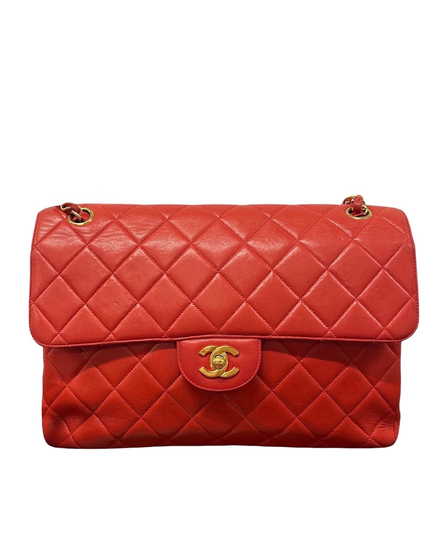 Chanel Vintage 90s Red Quilted Lambskin Maxi Two-Faced Double Sided Classic Flap Bag with 24K GPHW 