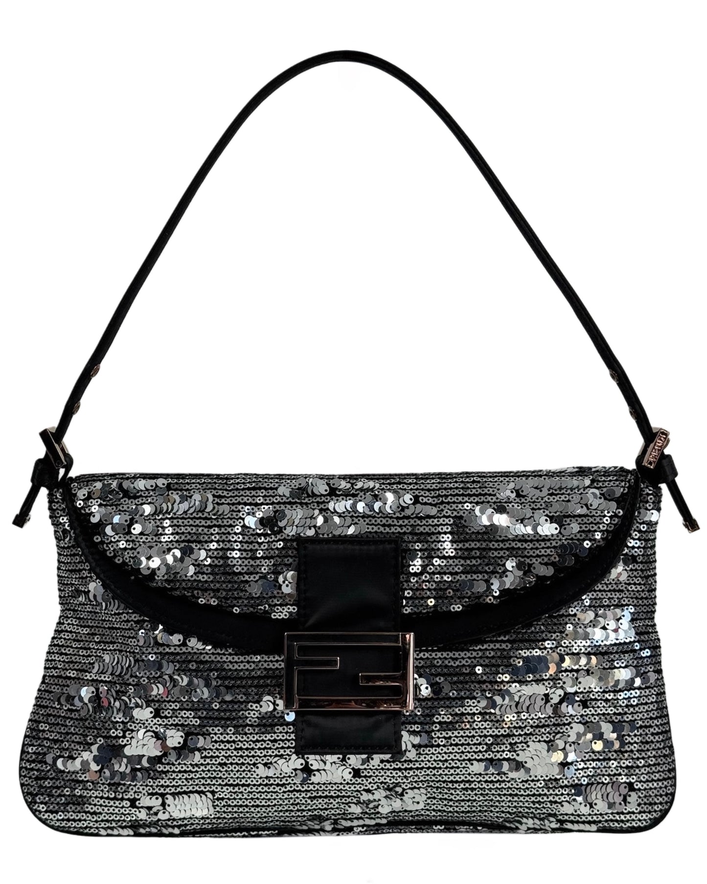 Fendi Vintage Silver Sequin Black Satin Trim Double Flap Baguette w Rose Gold Hardware