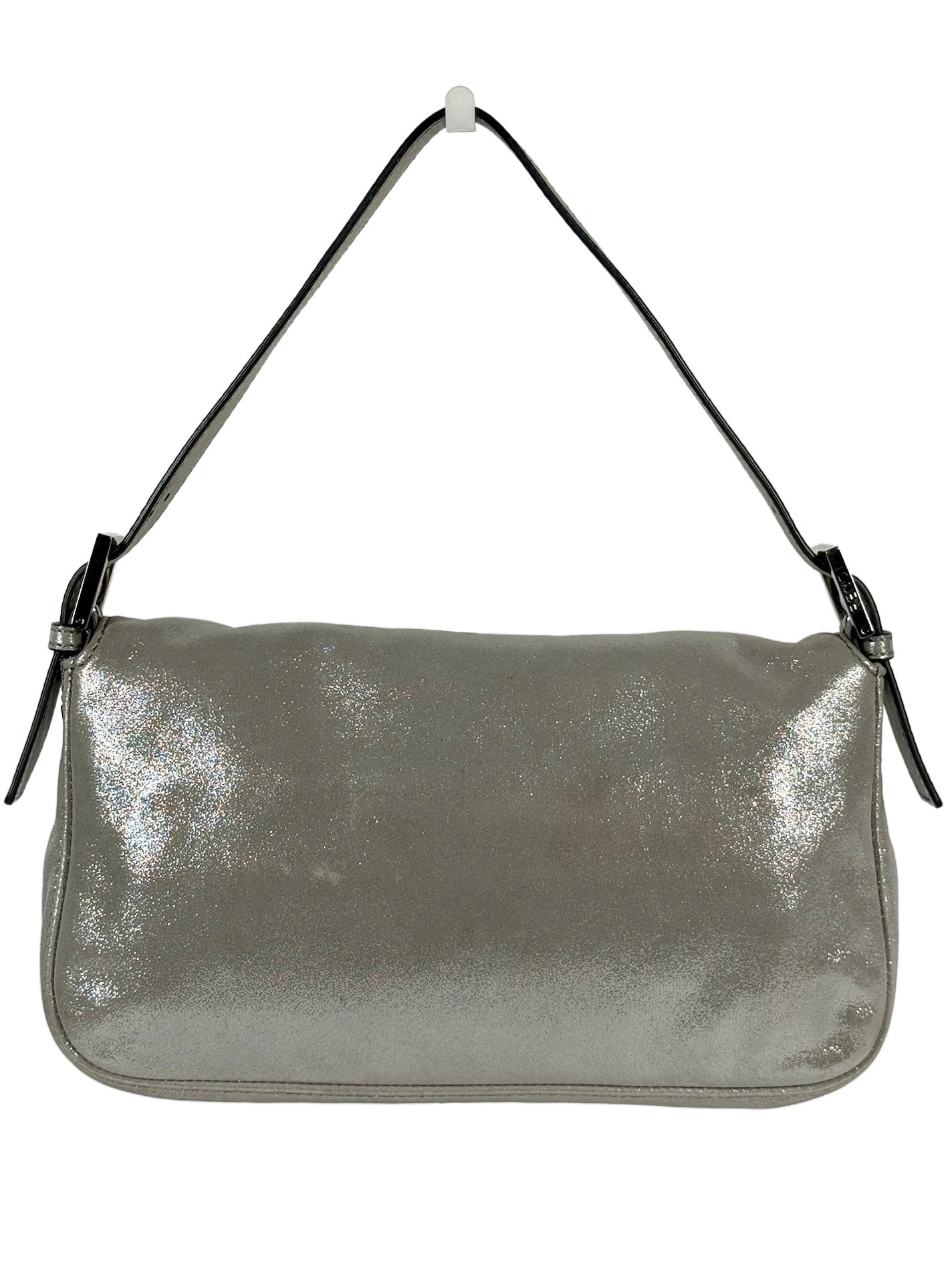 Fendi Vintage Metallic Silver Leather Crystal Logo Shoulder Baguette Bag