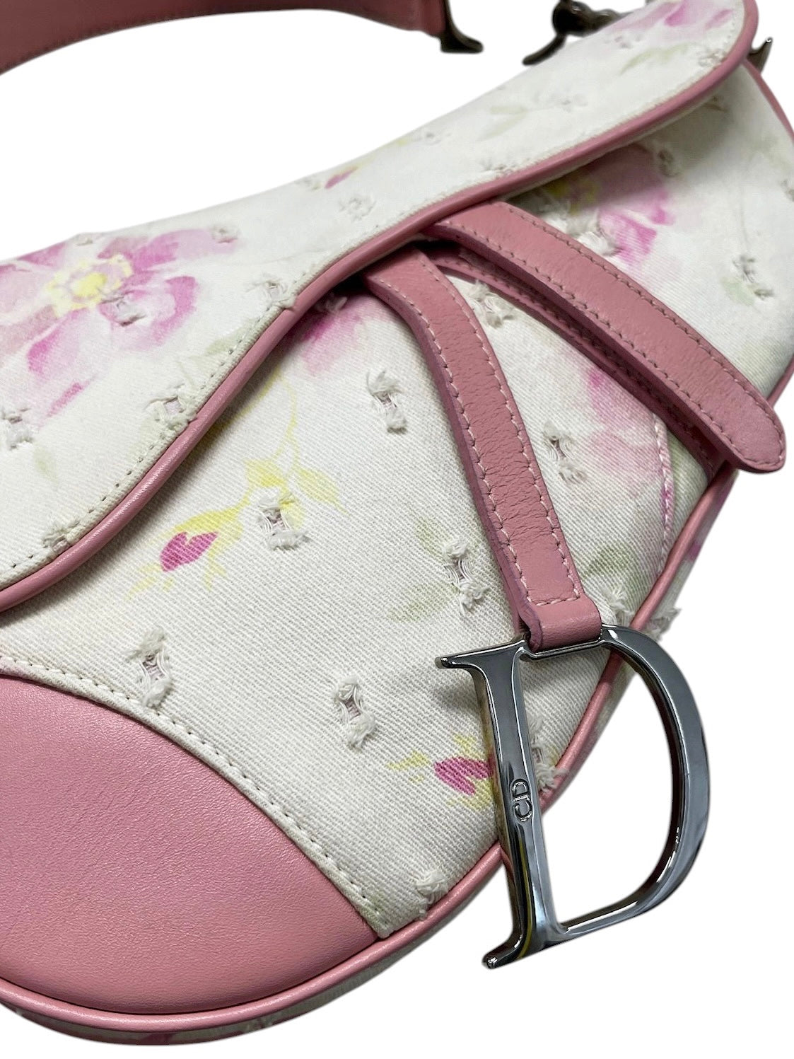 Dior Vintage 2003 White Distressed Pink Floral Canvas Leather Trim Medium Saddle Shoulder Bag