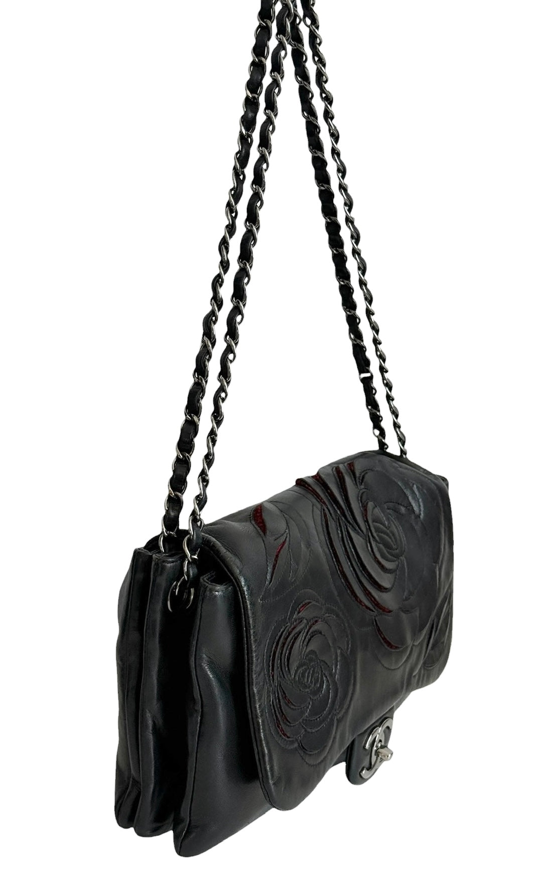 Chanel Black Lambskin Fuchsia Tweed Camelia Large Shoulder Flap Bag