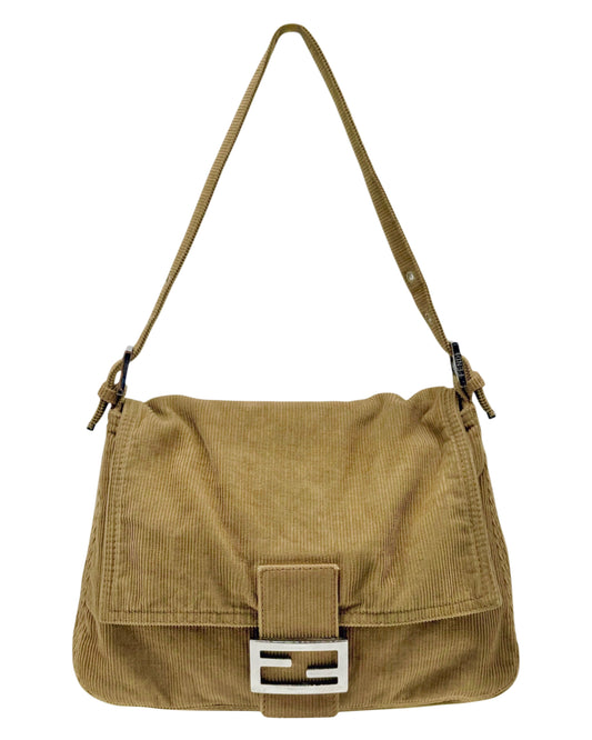 Fendi Vintage Light Brown / Beige Corduroy Mamma Baguette Shoulder Bag