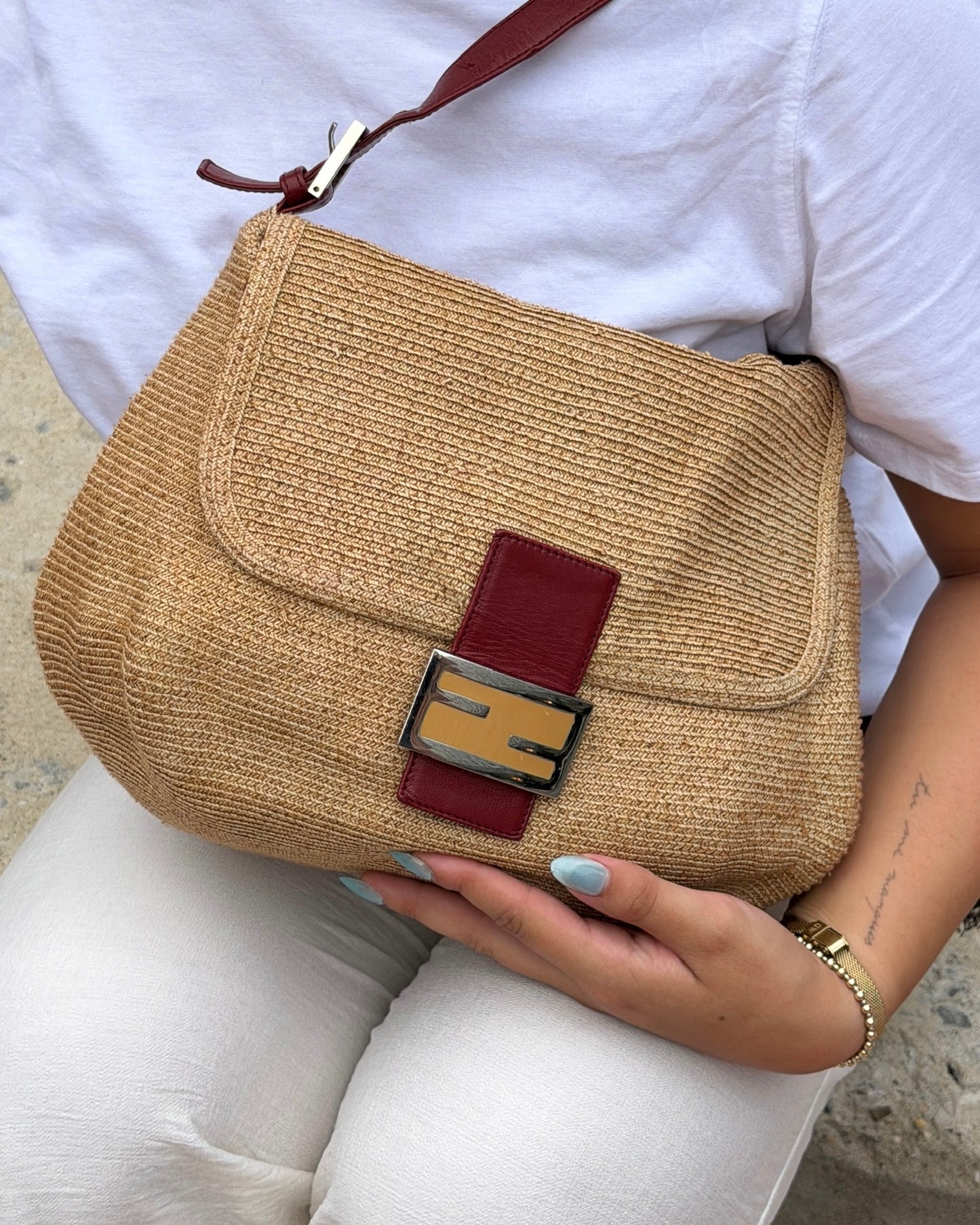 Fendi Vintage Beige Raffia and Red Leather Trim Mamma Baguette Shoulder Bag 
