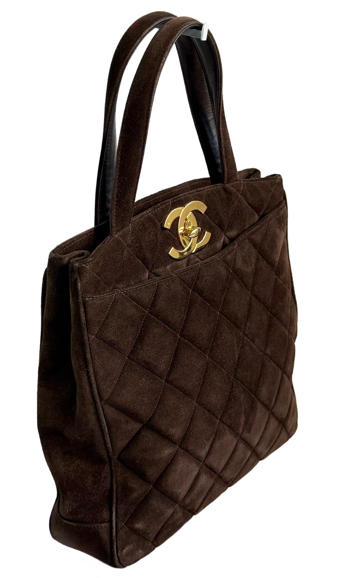 Chanel Vintage 90s Brown Quilted Suede Jumbo CC Matelasse Top Handle Tote Bag