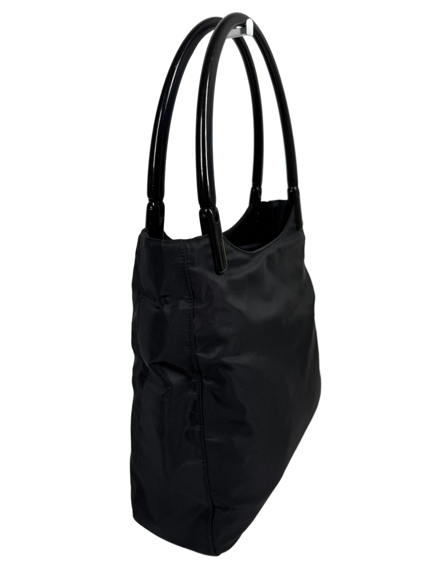 Prada Vintage Black Nylon Acrylic Handle Shoulder Tote Bag