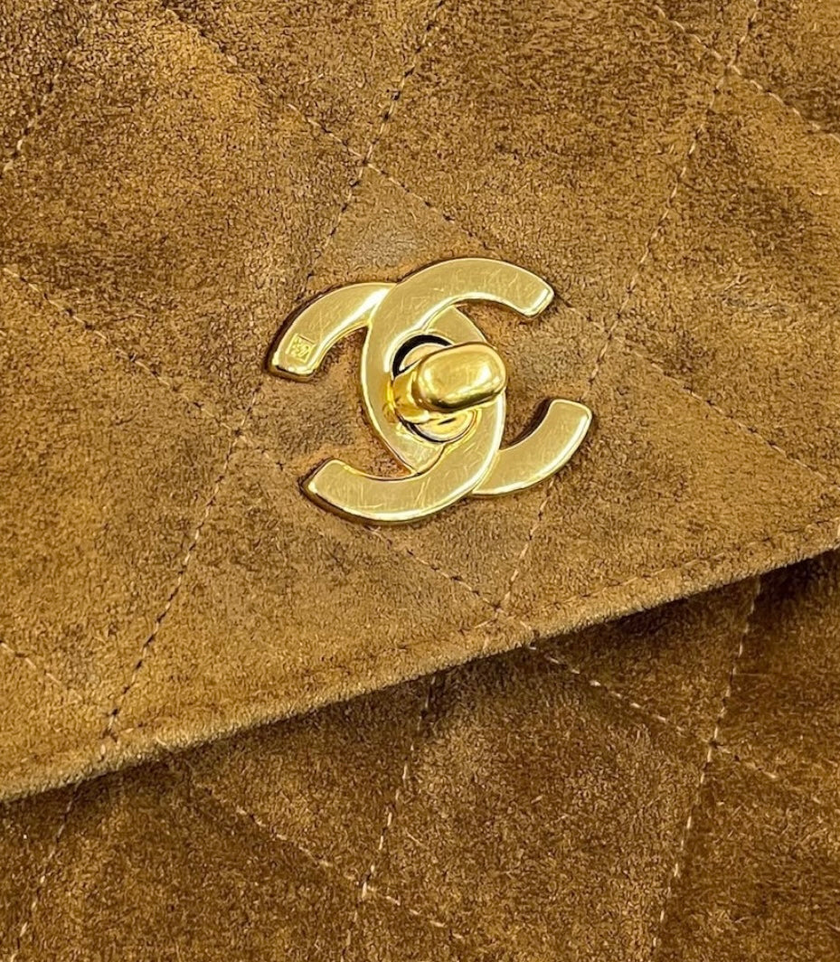 Chanel Vintage 90s Light Brown Quilted Suede Medium Kelly Shoulder Bag with 24K