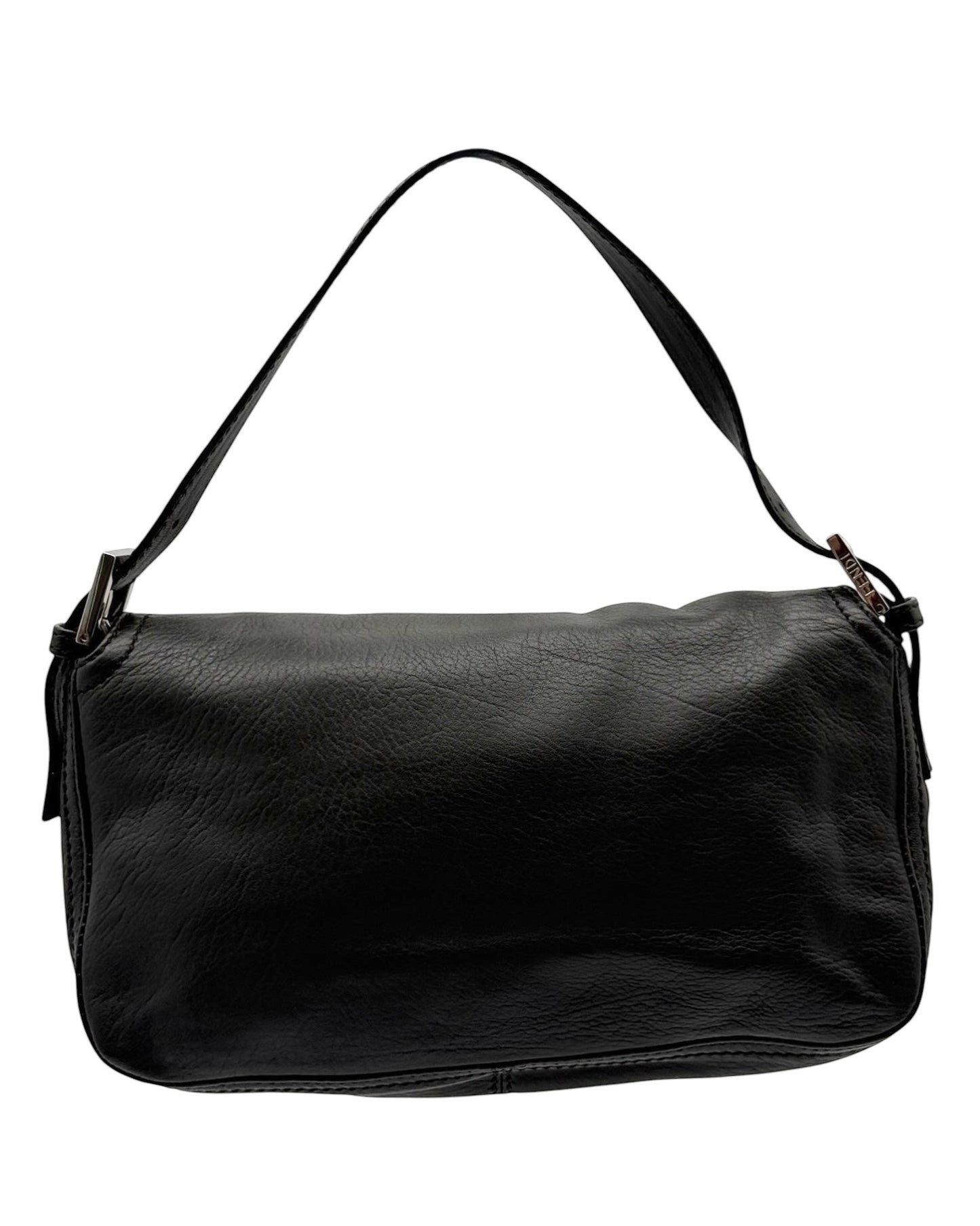 Fendi Vintage Black Selleria Leather Double Flap Shoulder Baguette Bag