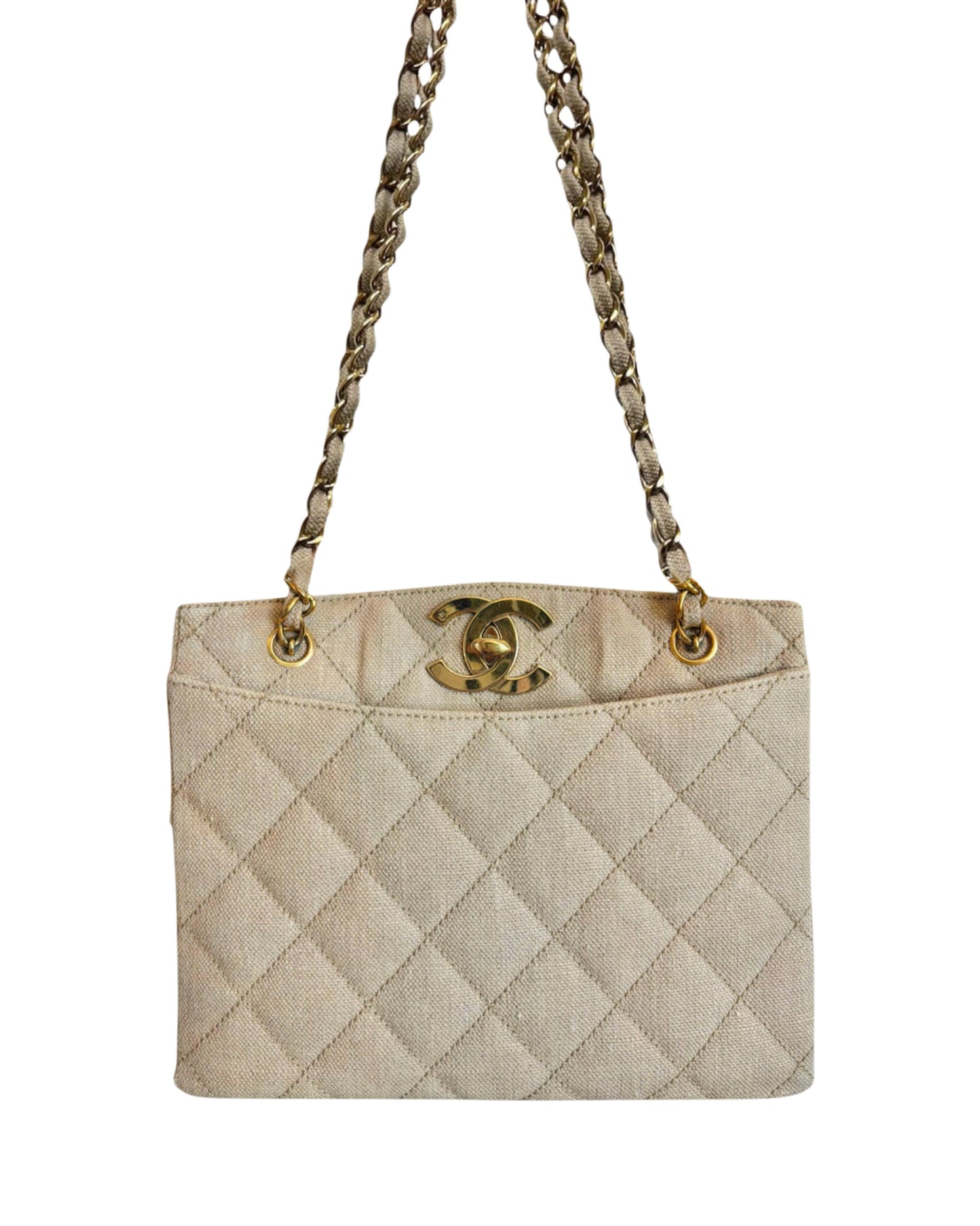 Chanel Vintage 90s Beige Linen Maxi CC Short Shoulder Chainlink Tote Bag with 24K Gold Plated Hardware