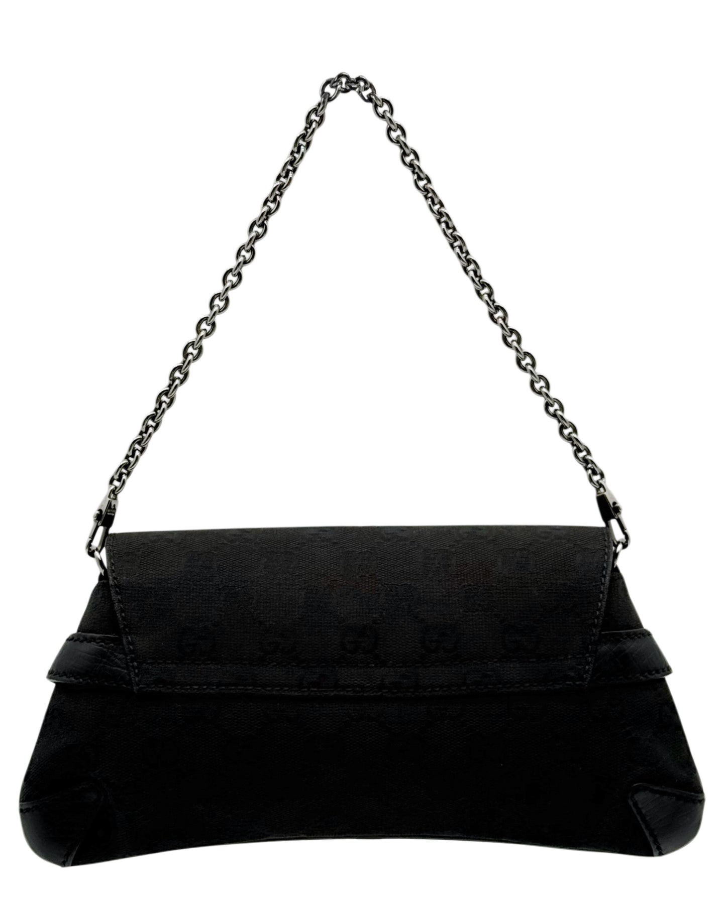 Gucci Vintage Black GG Monogram Small Horsebit Shoulder Clutch Pochette Bag