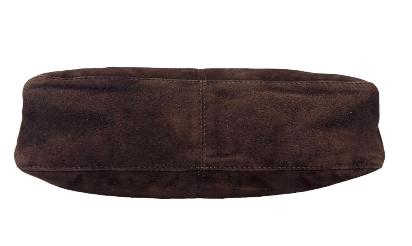 Fendi Vintage Brown Suede Purple Glitter Logo Shoulder Flap Baguette Bag 
