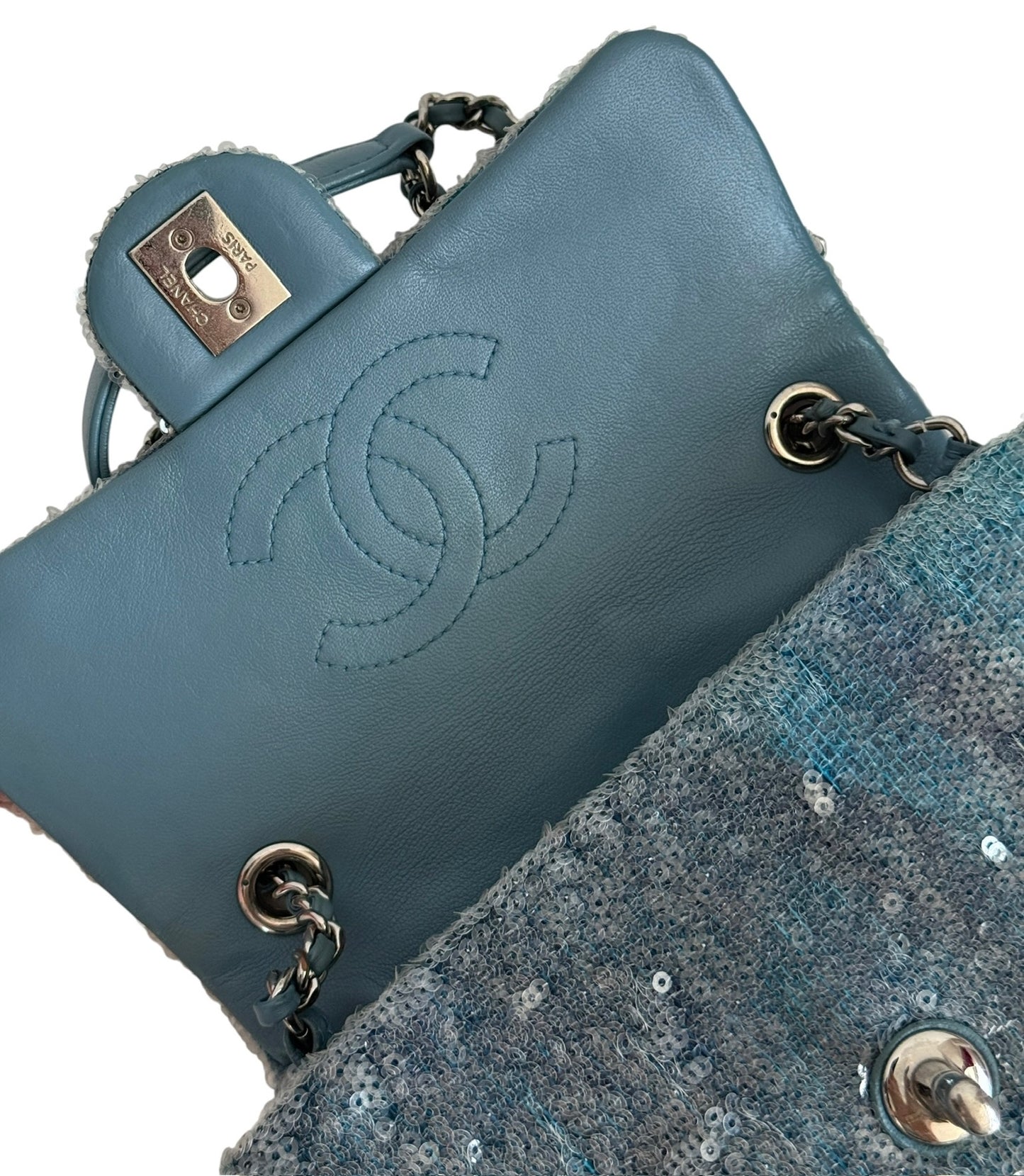 Chanel 2018 Blue Sequin Waterfall Mini Rectangular Classic Flap Bag