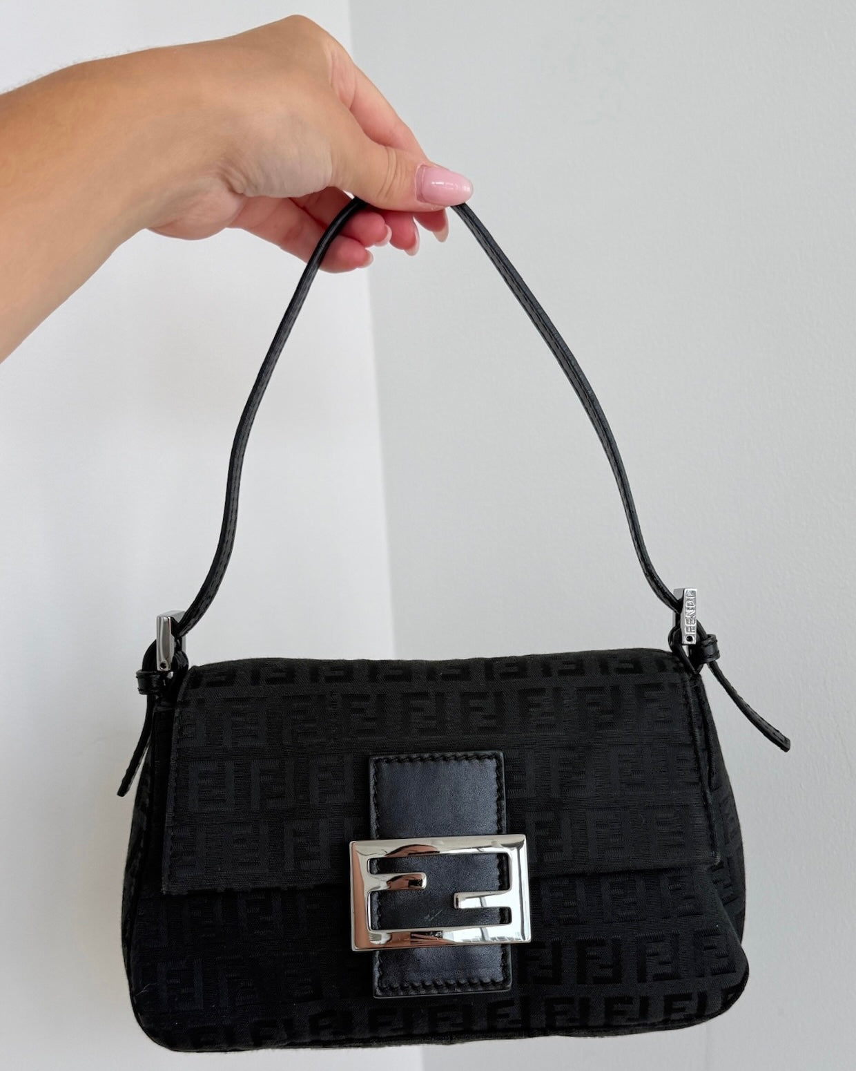 Fendi Vintage Black Zucchino Zucca Monogram Mini Mamma Shoulder Baguette Bag 
