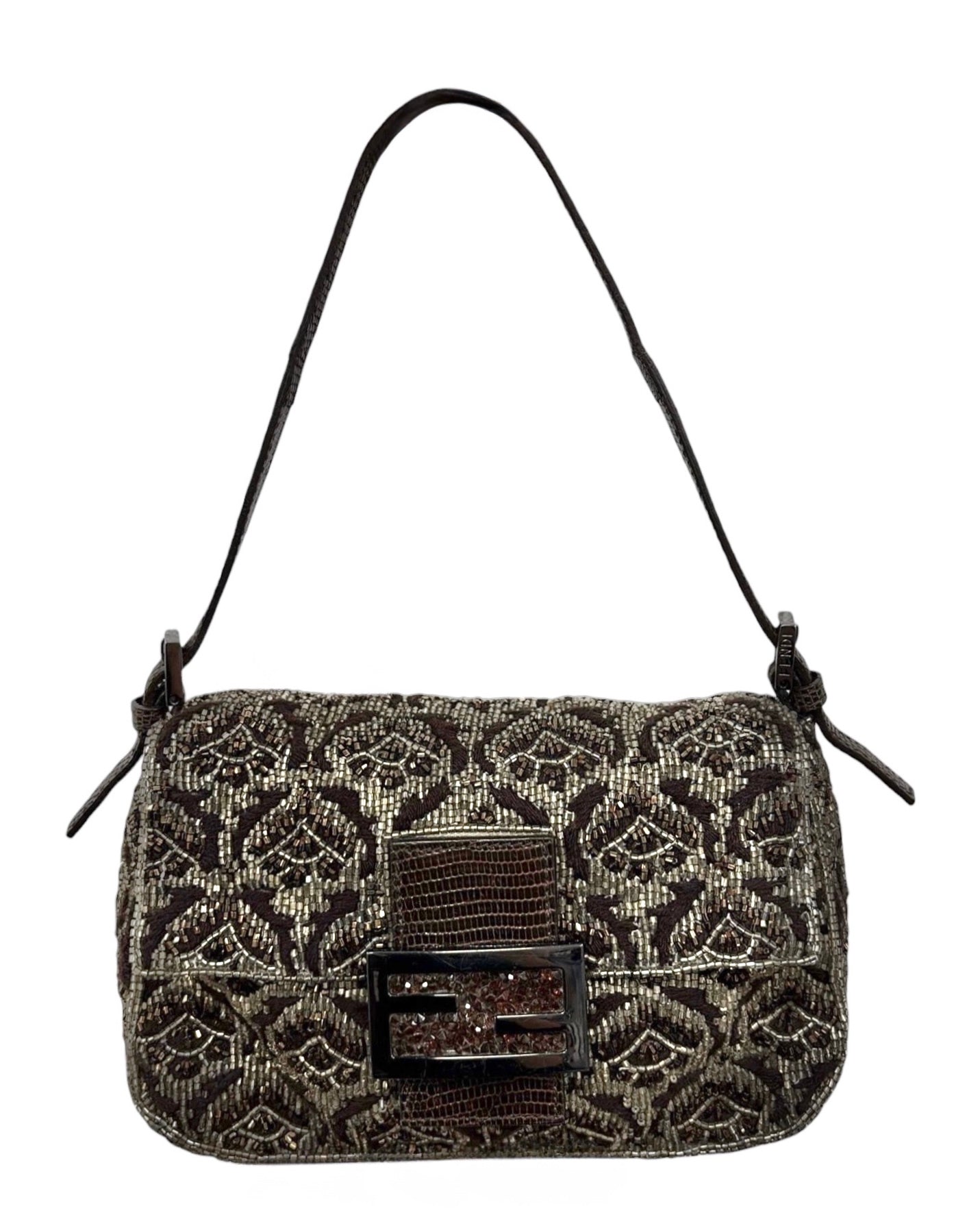 Fendi Vintage Brown Beaded Floral Embroidered Crystal Lizard Trim Mini Mamma Shoulder Baguette Bag