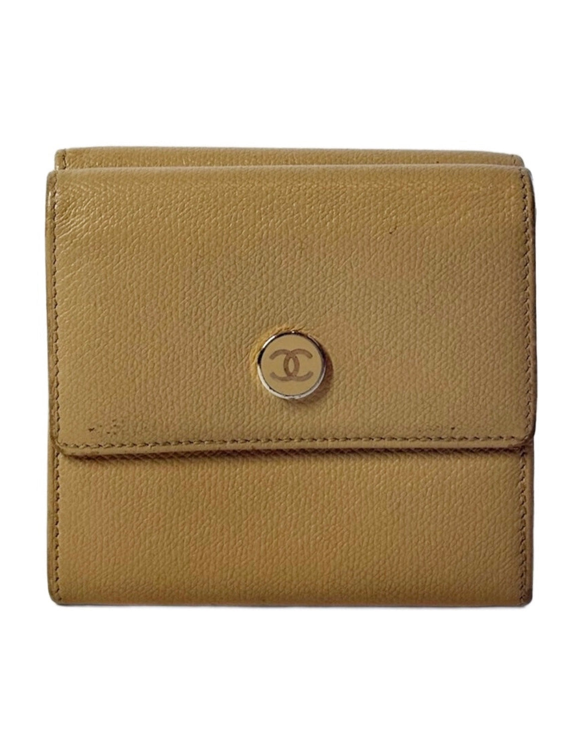 Chanel Vintage 00s Beige Caviar CC Logo Snap Wallet