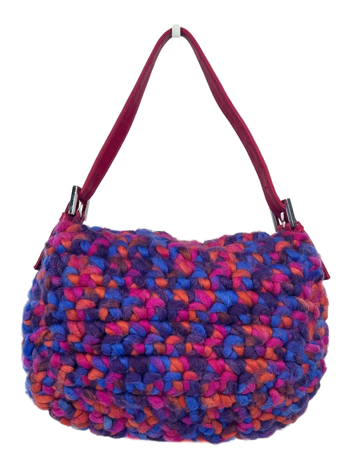 Fendi Vintage Fuchsia Pink Purple  Multicolor Braided Wool Mamma Baguette Baguette Bag