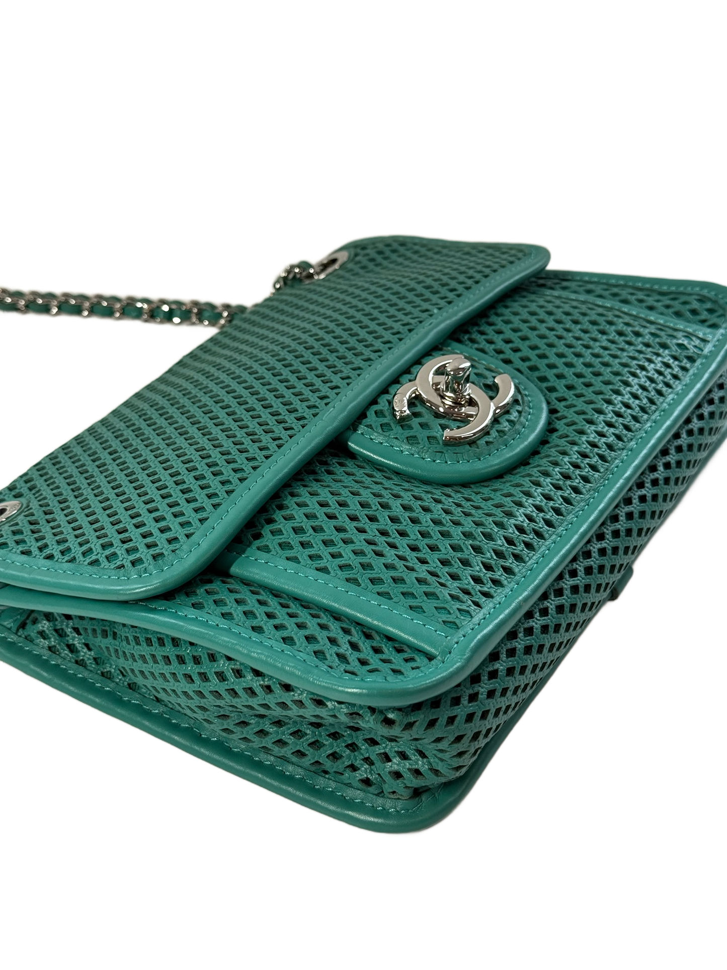 Chanel Turquoise Perforated Leather Square Flap Bag