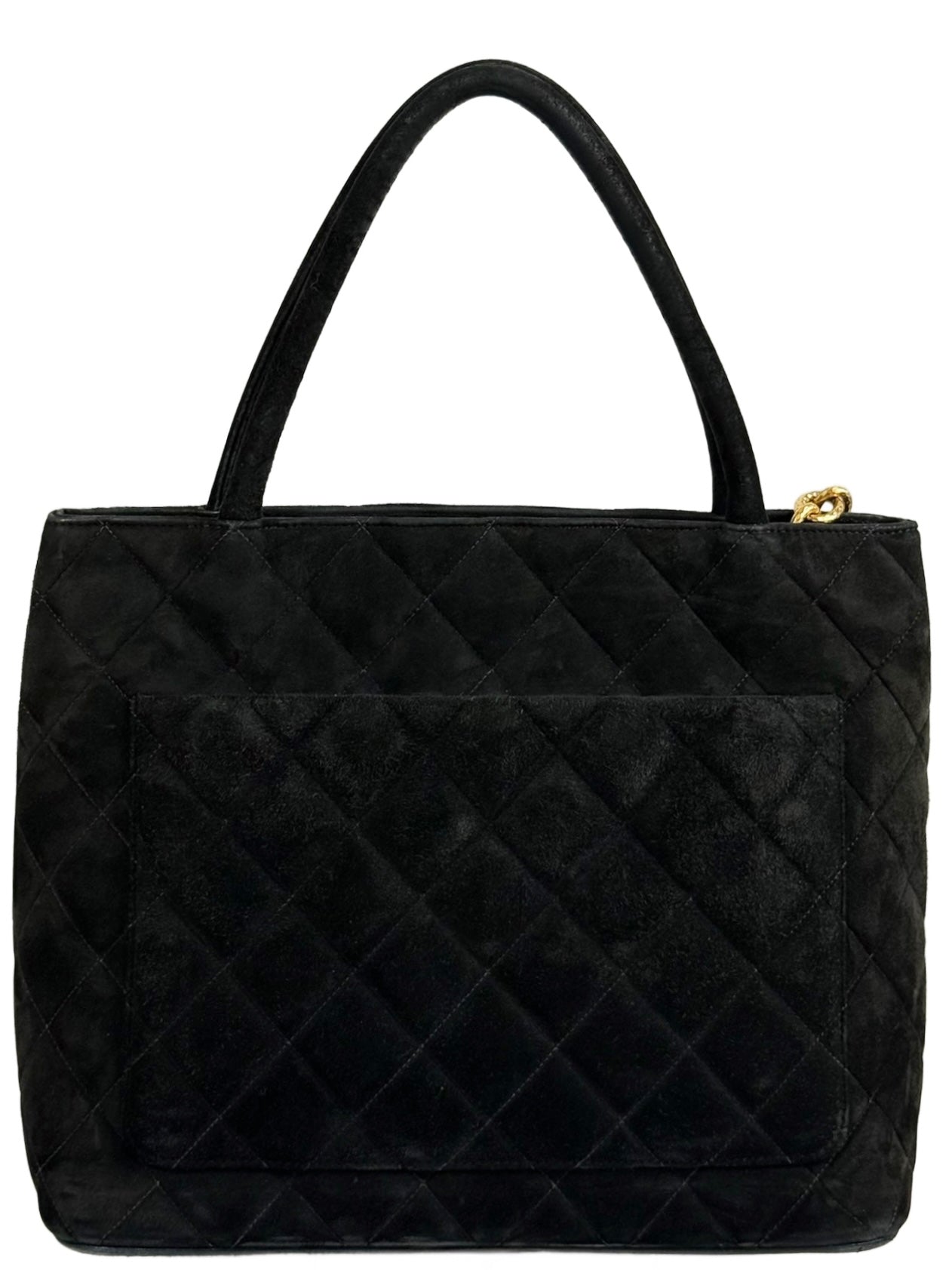Chanel Vintage 90s Black Quilted Suede Medallion CC Shoulder Tote Bag