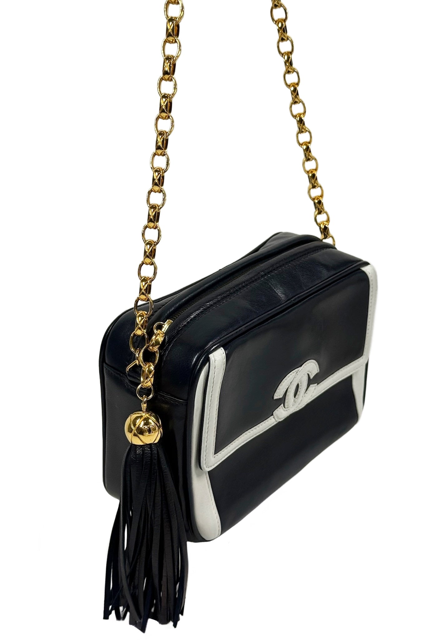 Chanel Vintage 90s Navy Blue White Lambskin Leather Trim Tassel Camera Shoulder Bag