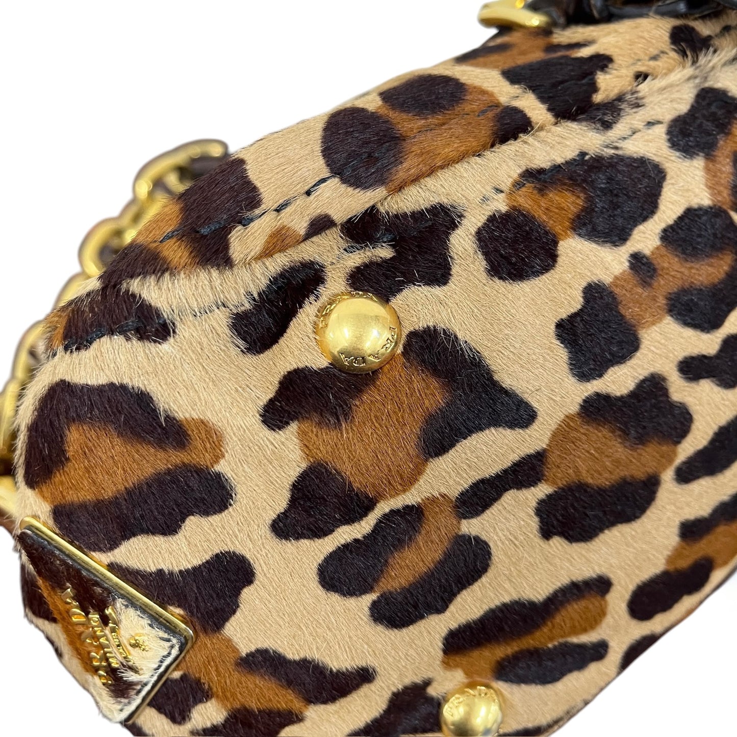 Prada Vintage Leopard Print Pony Hair Chain Link Buckle Small Shoulder Bag