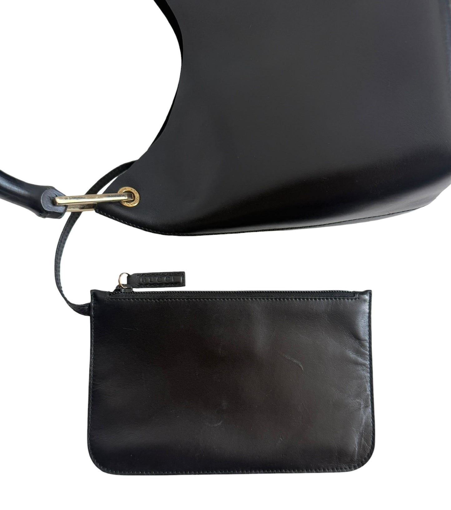 Gucci Vintage Black Smooth Leather Bamboo Handle Small Hobo Shoulder Bag with Pouch