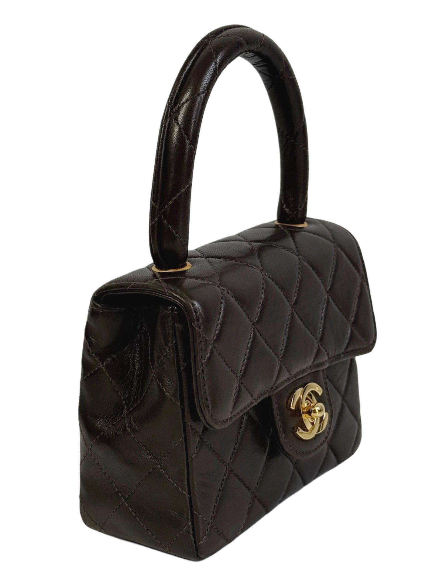 Chanel Vintage 90s Chocolate Brown Quilted Lambskin Mini Parent Child Square Kelly Classic Flap Top Handle Bag w 24K GPHW