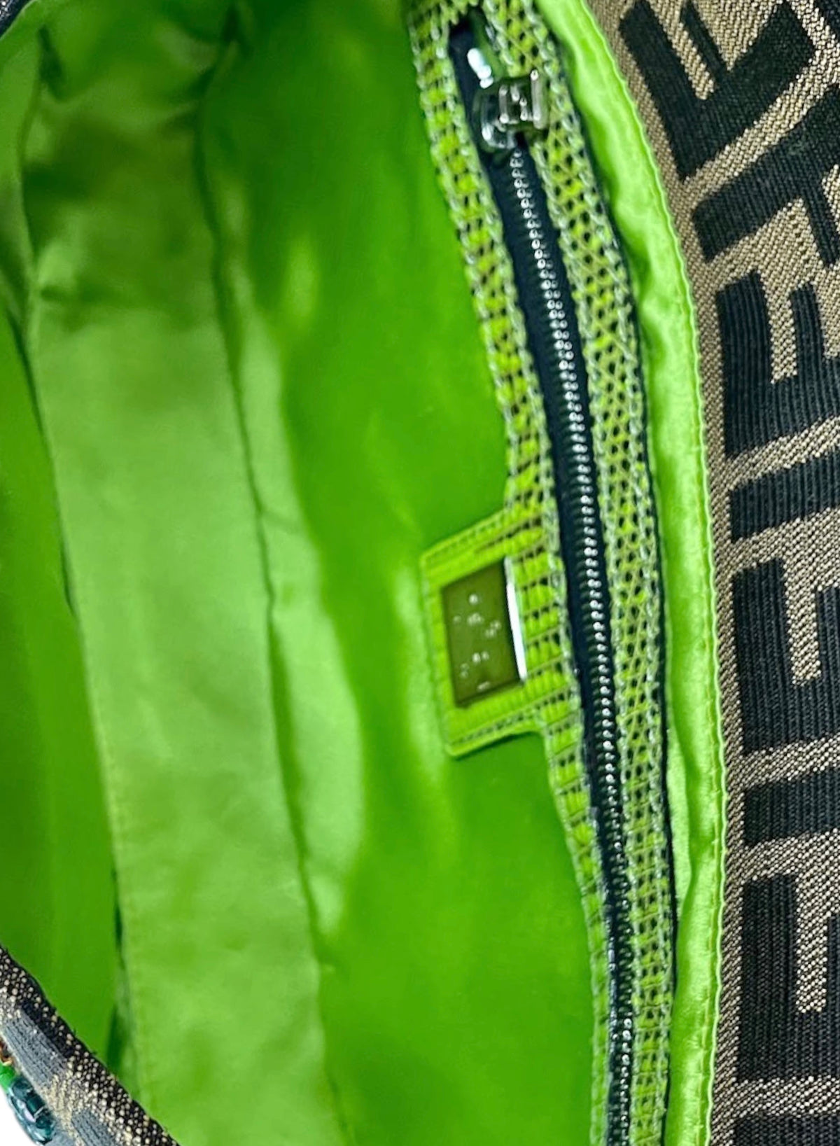 Fendi Vintage Brown Zucca Monogram Floral Beaded Green Lizard Trim Shoulder Baguette Bag