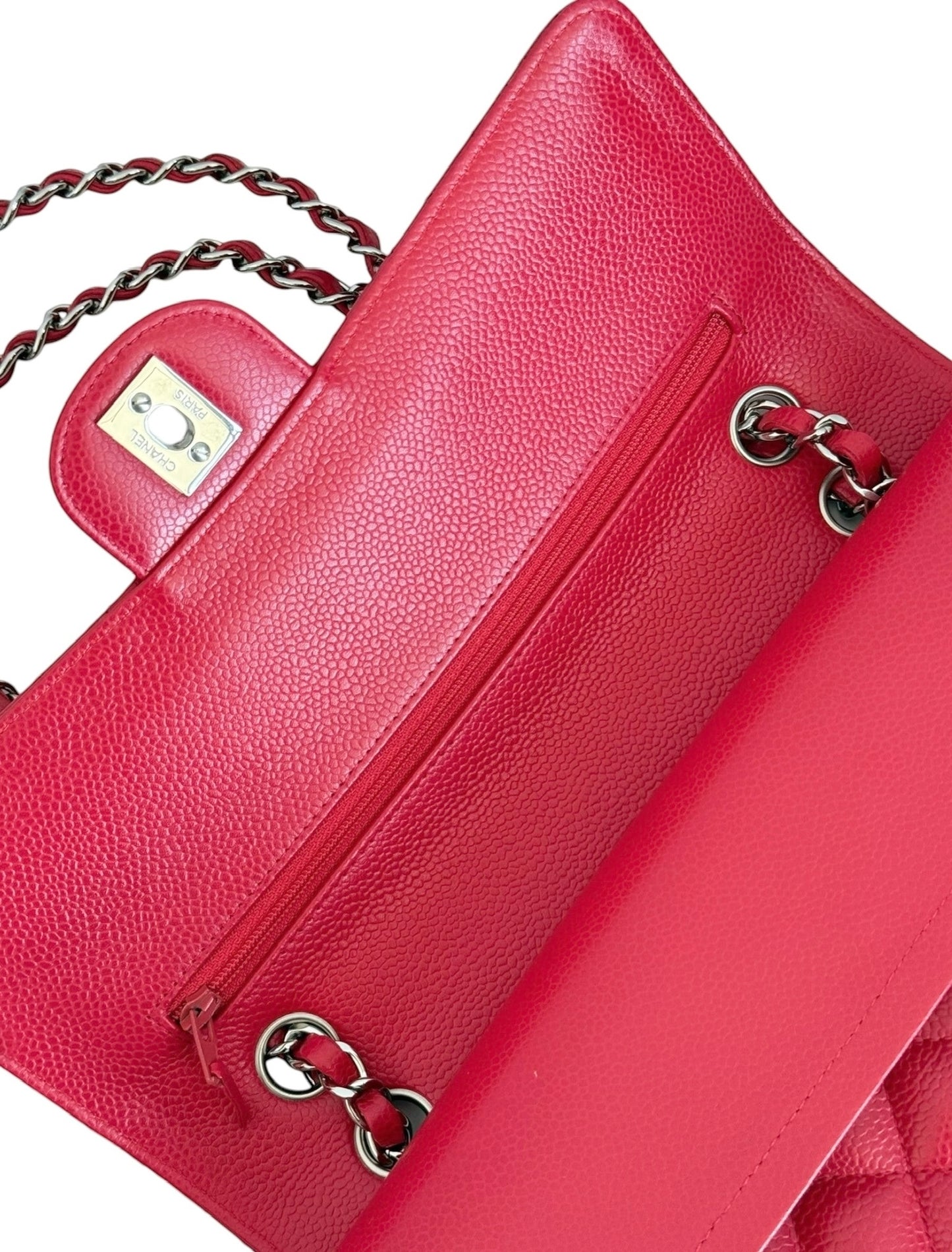 Chanel Vintage 00s Hot Fuchsia Pink Quilted Caviar Medium Classic Double Flap Bag Flap with Silver Hardware