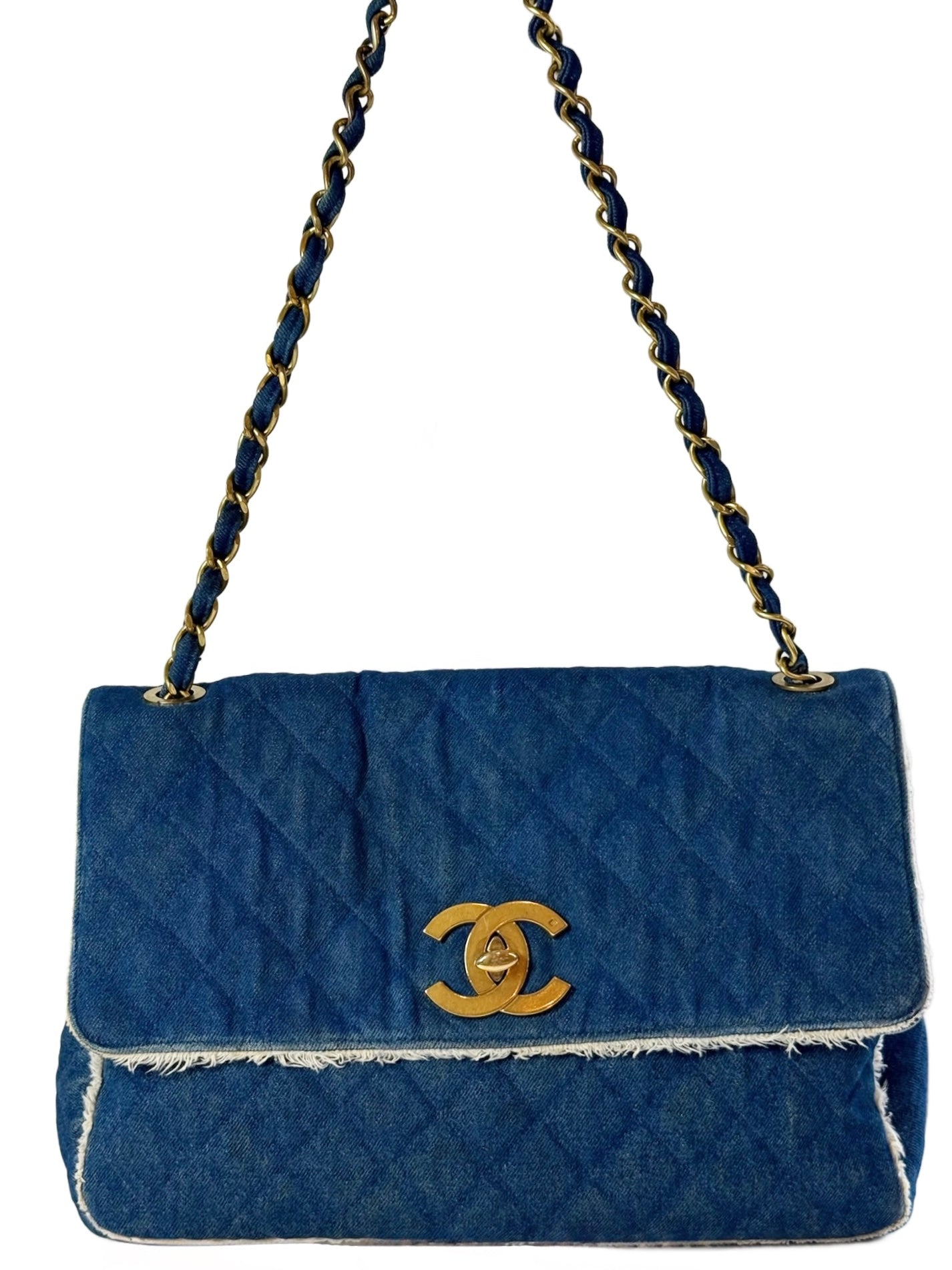 Chanel Vintage Blue Quilted Denim Fringe Maxi Crossbody Shoulder Flap Bag w 24K Gold Plated Hardware