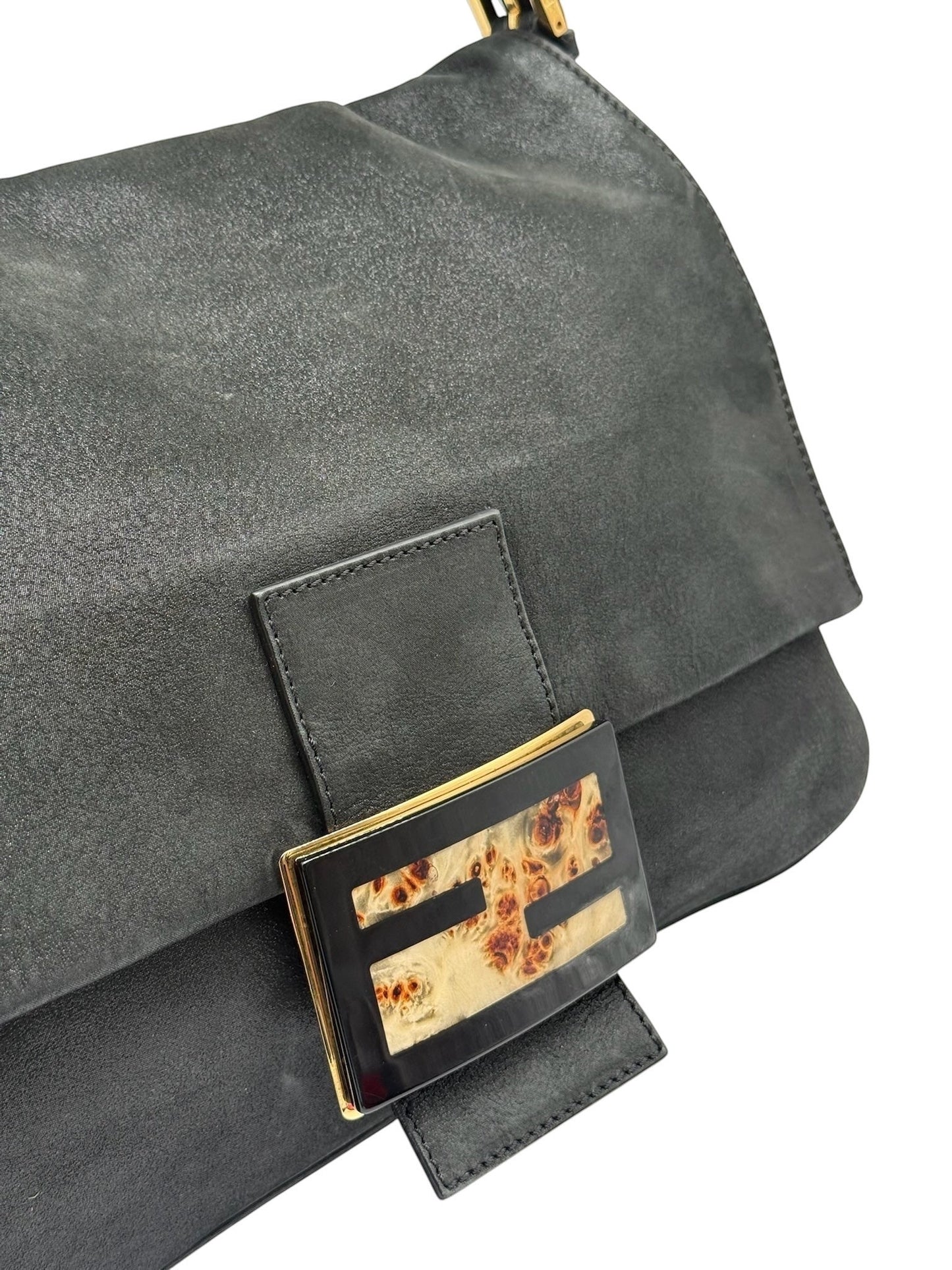 Fendi Vintage Black Micro Suede XL Mamma Baguette with Marble Logo
