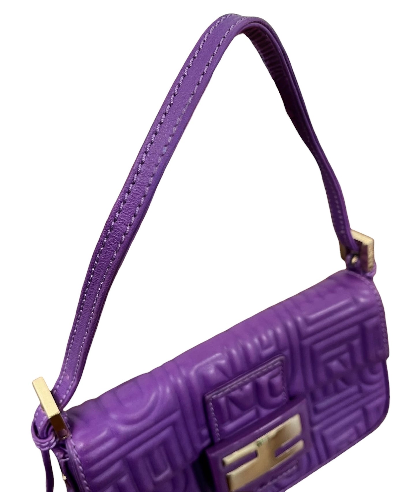 Fendi Purple Embossed Nappa Leather Logo Mini Shoulder Baguette Bag