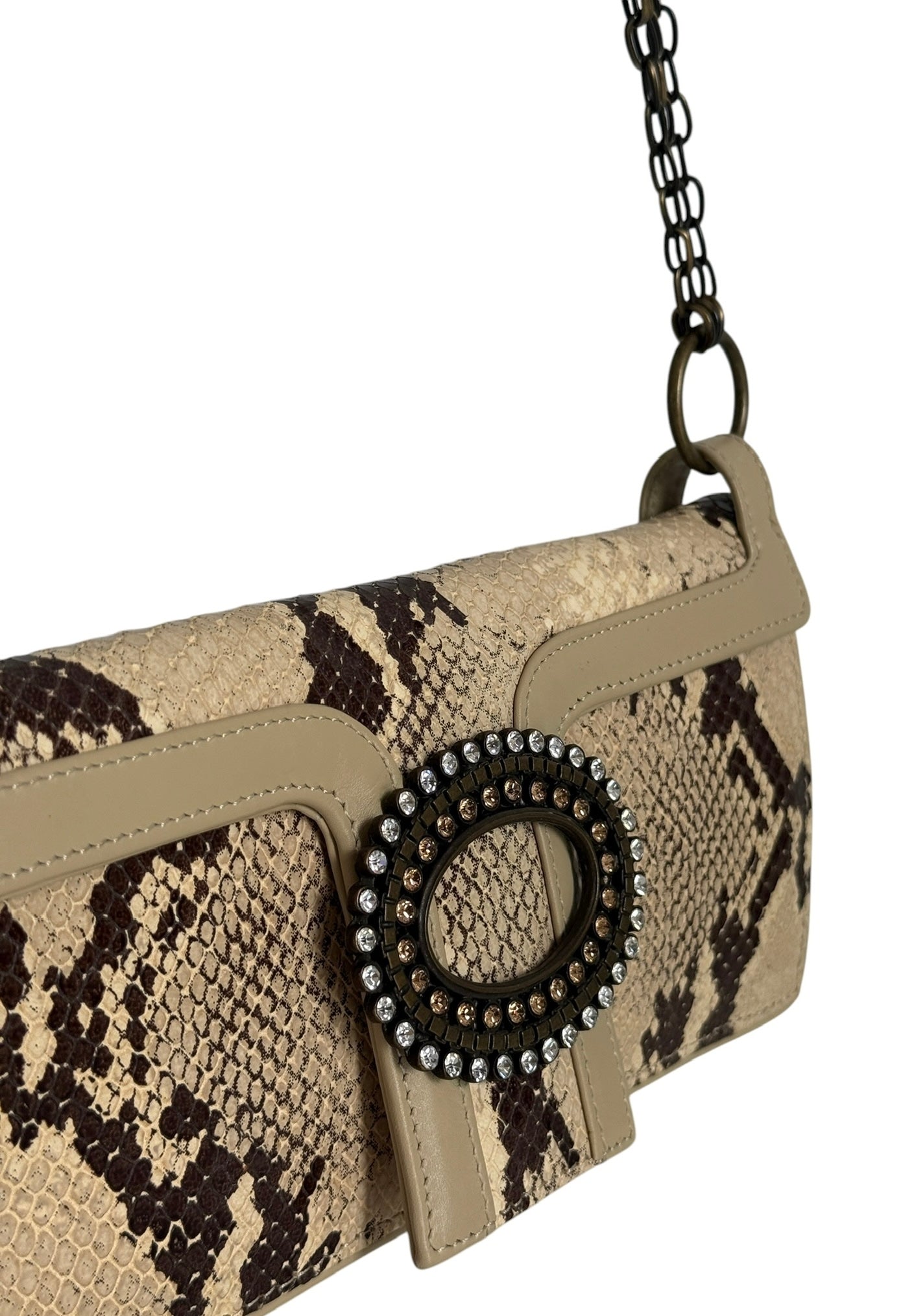Dolce & Gabbana Vintage Beige Python Leather Crystal Clasp Shoulder Evening Bag 