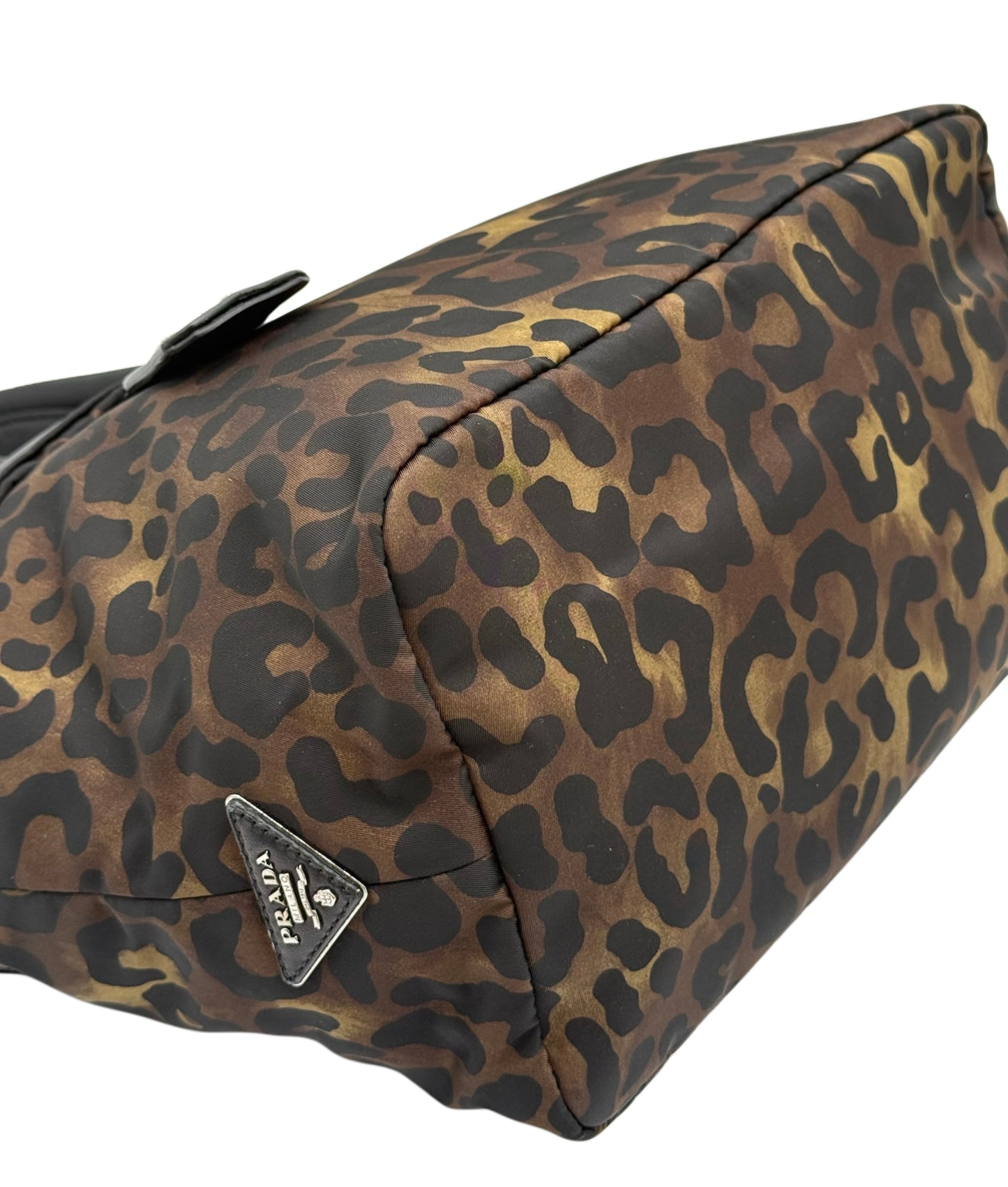 Prada Vintage Black & Green Leopard Print Tessuto Nylon Reversible Tote Bag w Shoulder Strap