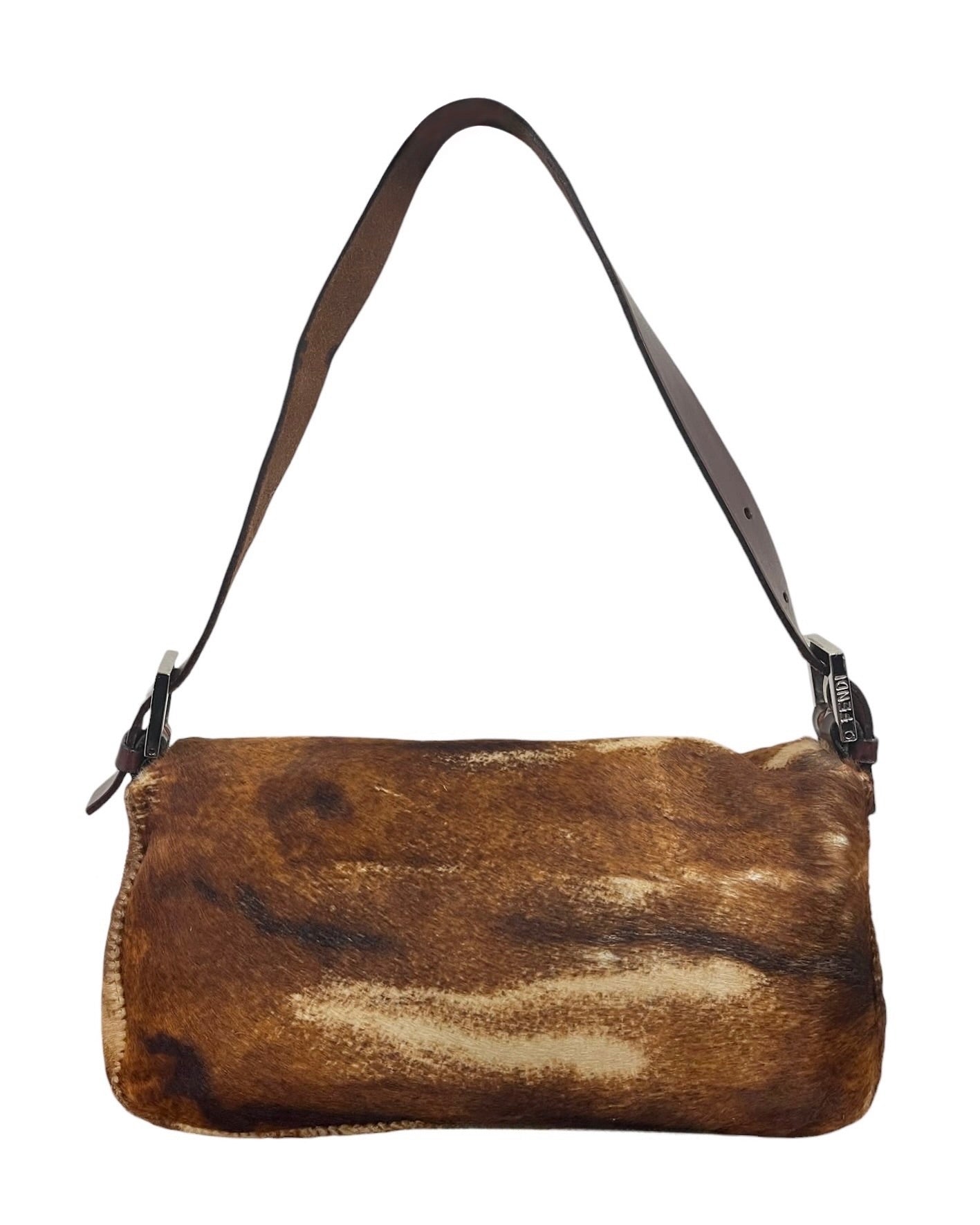 Fendi Vintage Brown Animal Print Pony Hair Shoulder Baguette Bag