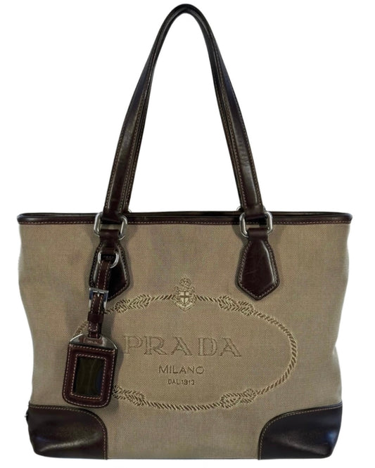 Prada Vintage Brown Jacquard Canapa Canvas Small Shoulder Tote Bag