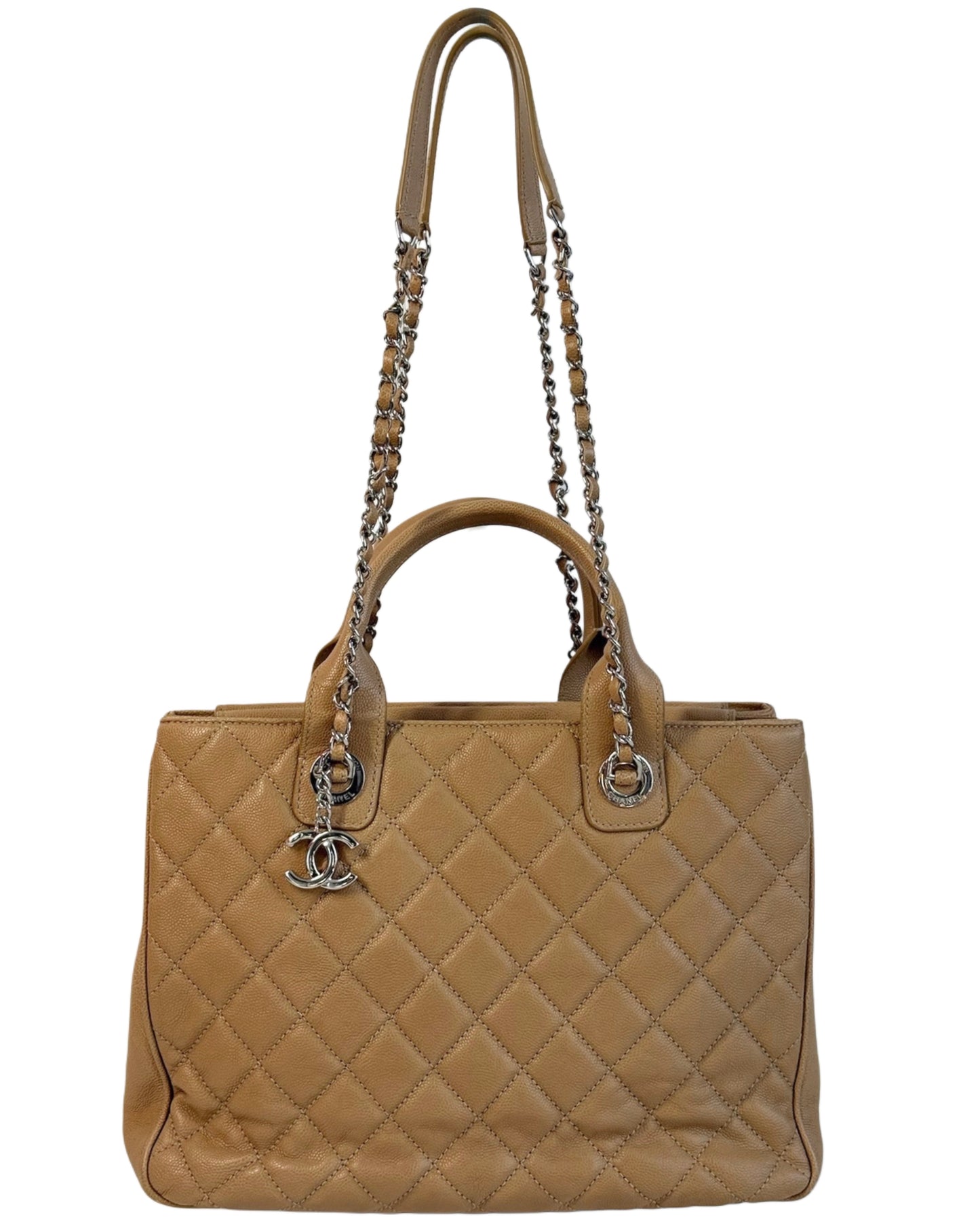Chanel 2018 Beige Quilted Caviar Leather Two-Way CC Logo Shoulder Tote Bag