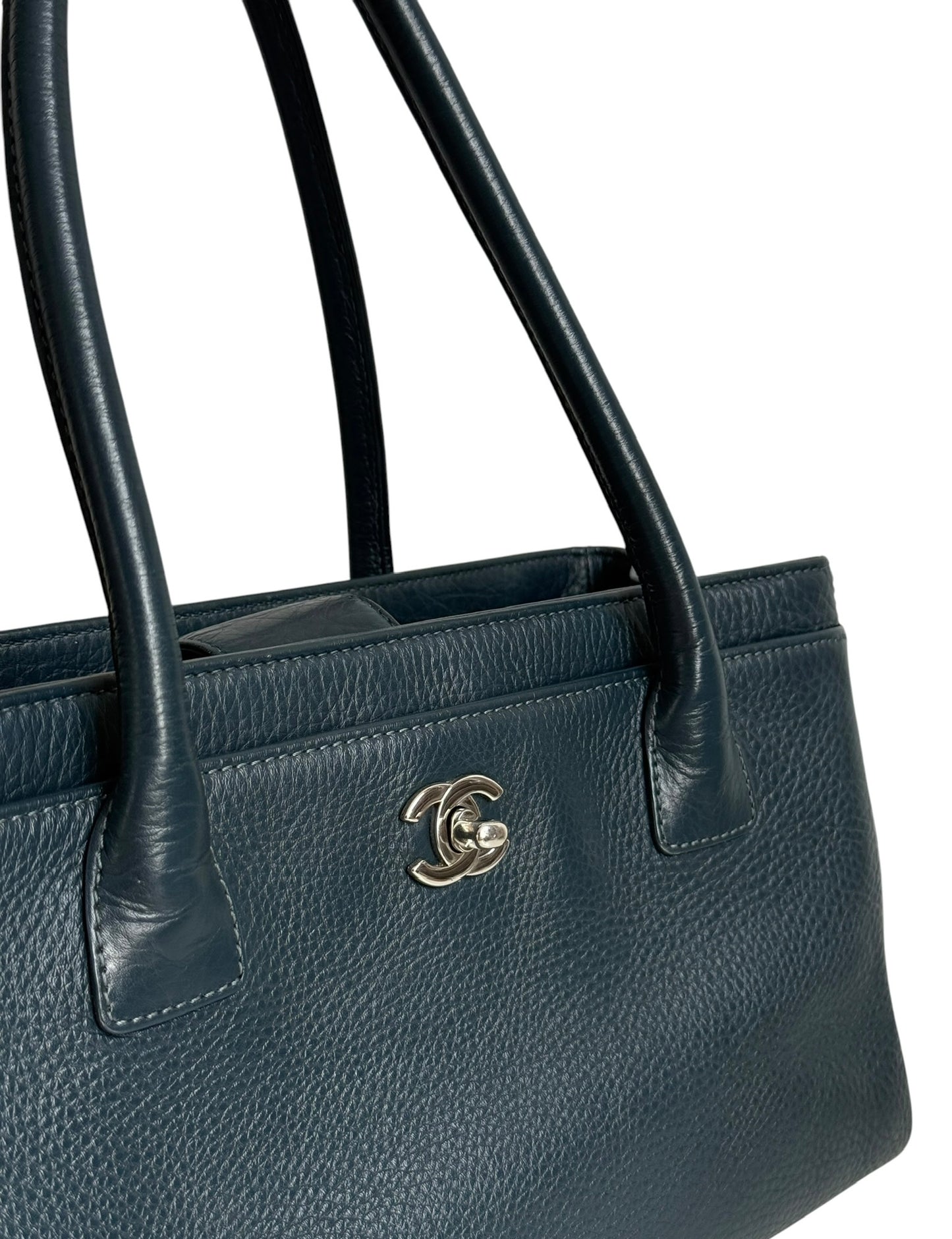 Chanel Navy Blue Calfskin Small Cerf Executive Shoulder Tote Bag with Silver Hardware