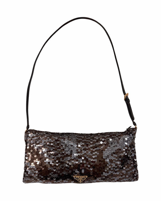 Prada Vintage Metallic Brown Sequin Small Shoulder Evening Pochette Bag
