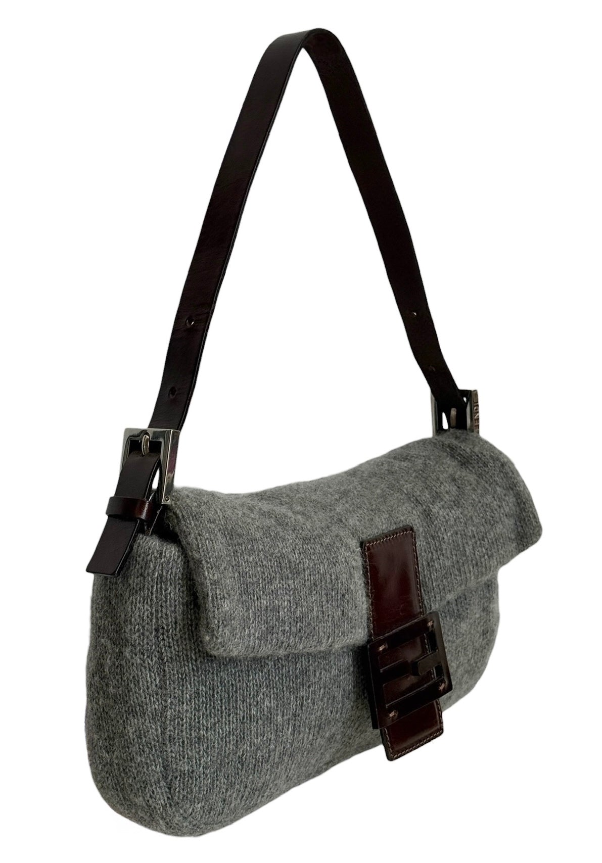 Fendi Vintage Gray Knit Wool Shoulder Baguette Bag