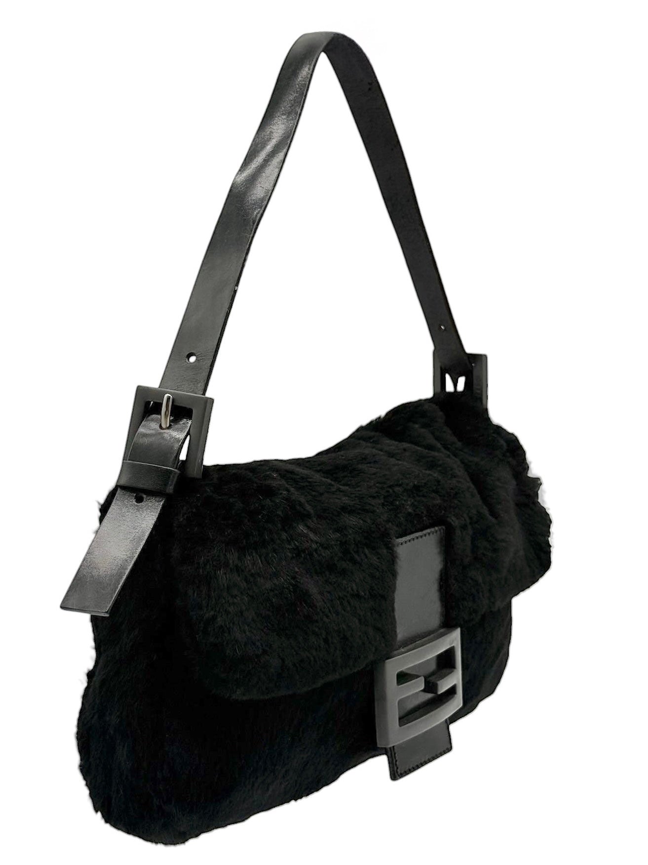 Fendi Vintage Black Rabbit Fur Shoulder Baguette Bag