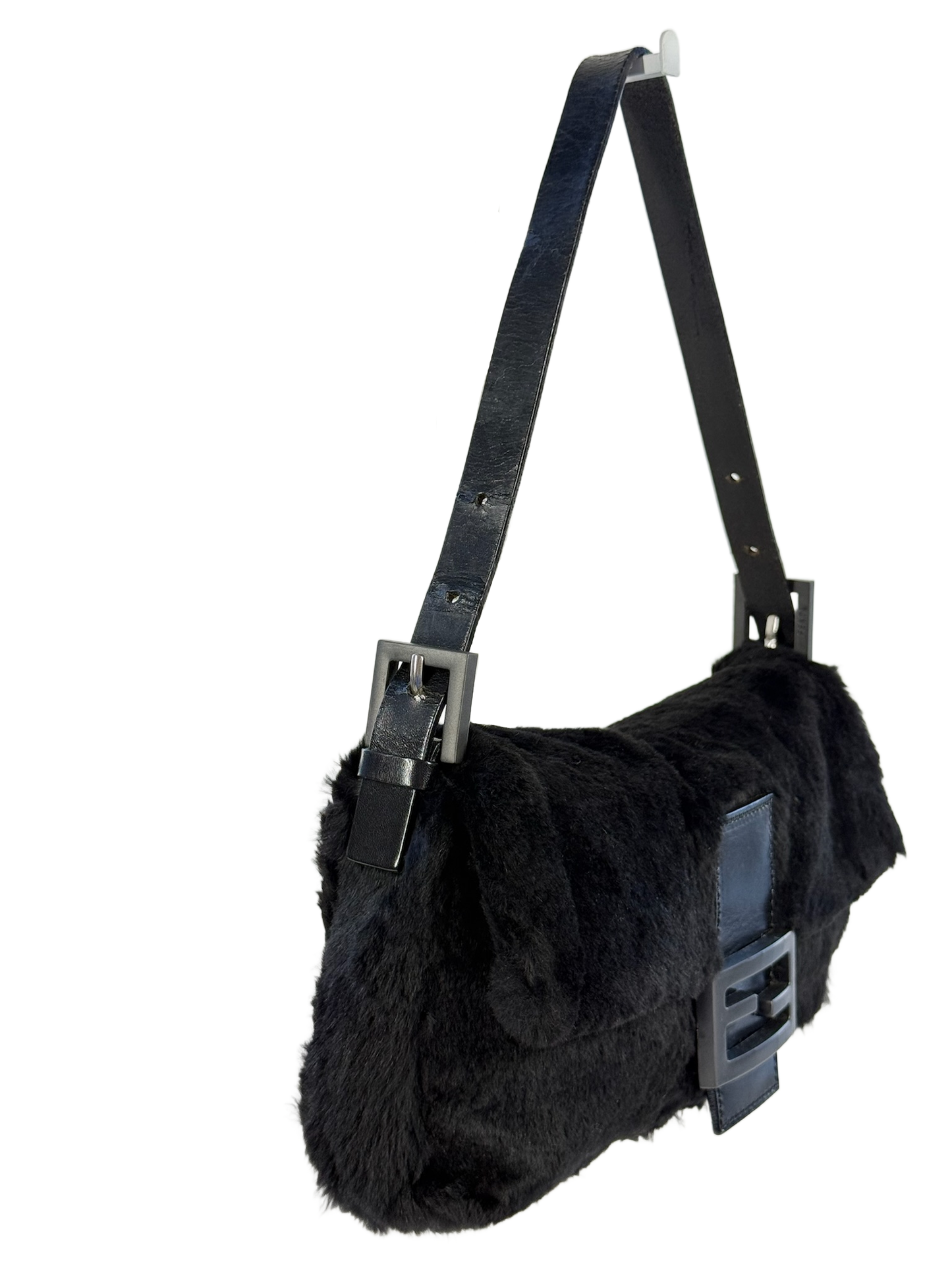 Fendi Vintage Black Rabbit Fur Shoulder Baguette Bag