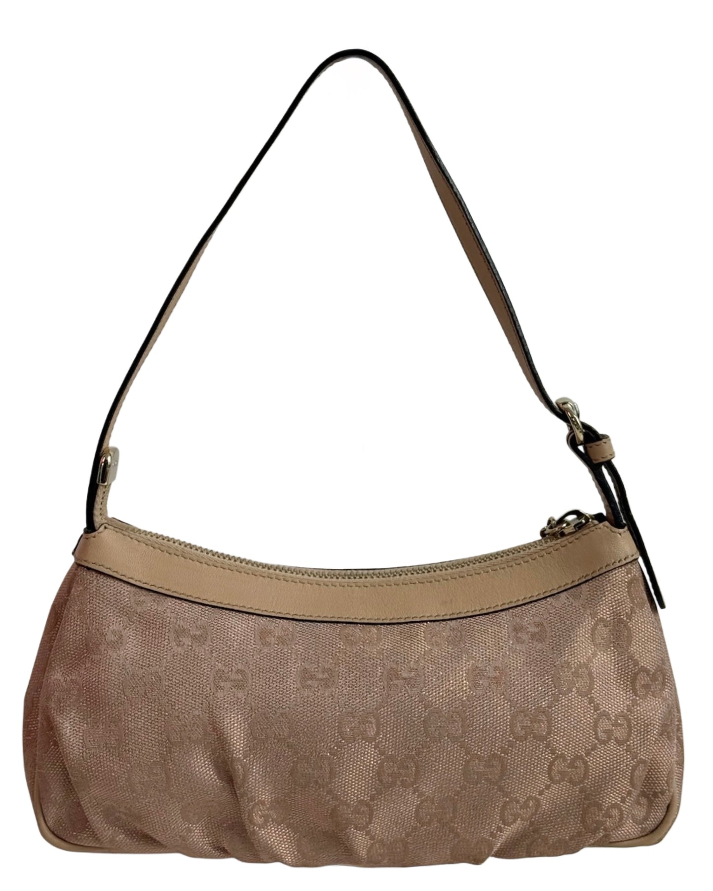 Gucci Vintage Metallic Pink GG Monogram Canvas w Ivory Leather Trim Lovely Heart Logo Mini Shoulder Pochette Bag