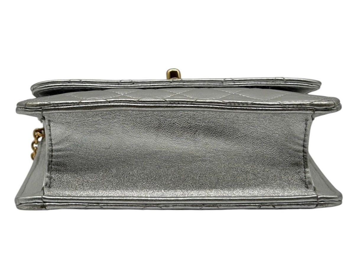 Chanel Vintage 90’s Metallic Silver Quilted Lambskin Micro Mini Square Flap Bag with 24K GPHW