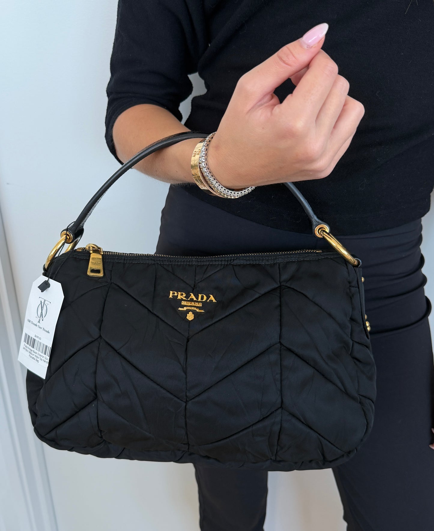 Prada Vintage Black Chevron Quilted Nylon Medium Hobo Top Handle Pochette Bag