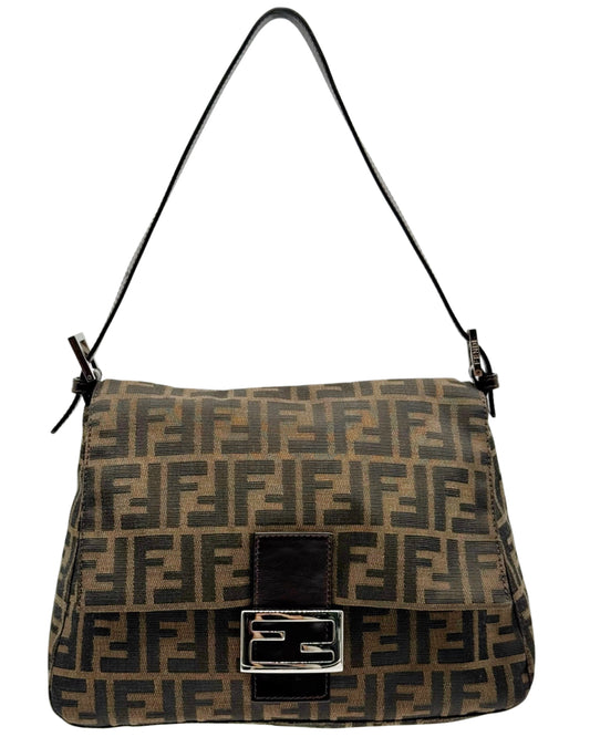 Fendi Vintage Brown Zucca Monogram Classic Mamma Baguette Shoulder Bag