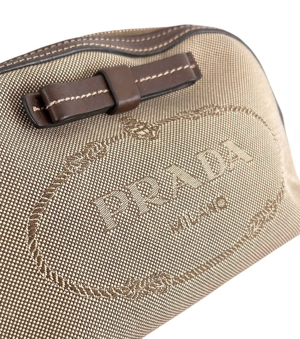 Prada Vintage Brown Jacquard Canapa Logo Small Wristlet Clutch Pochette