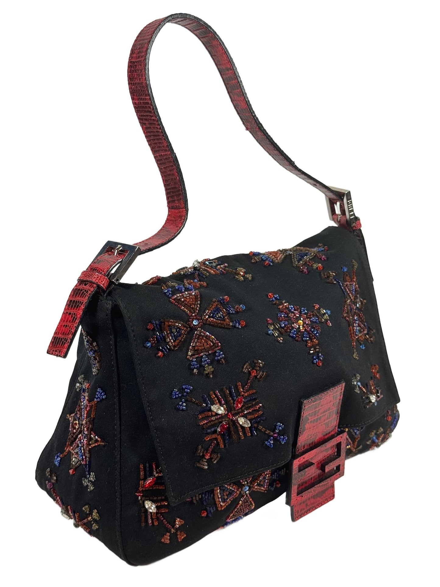 Fendi Vintage Black Nylon Embroidered Beaded Aztec Red Lizard Trim Mamma Baguette Shoulder Bag