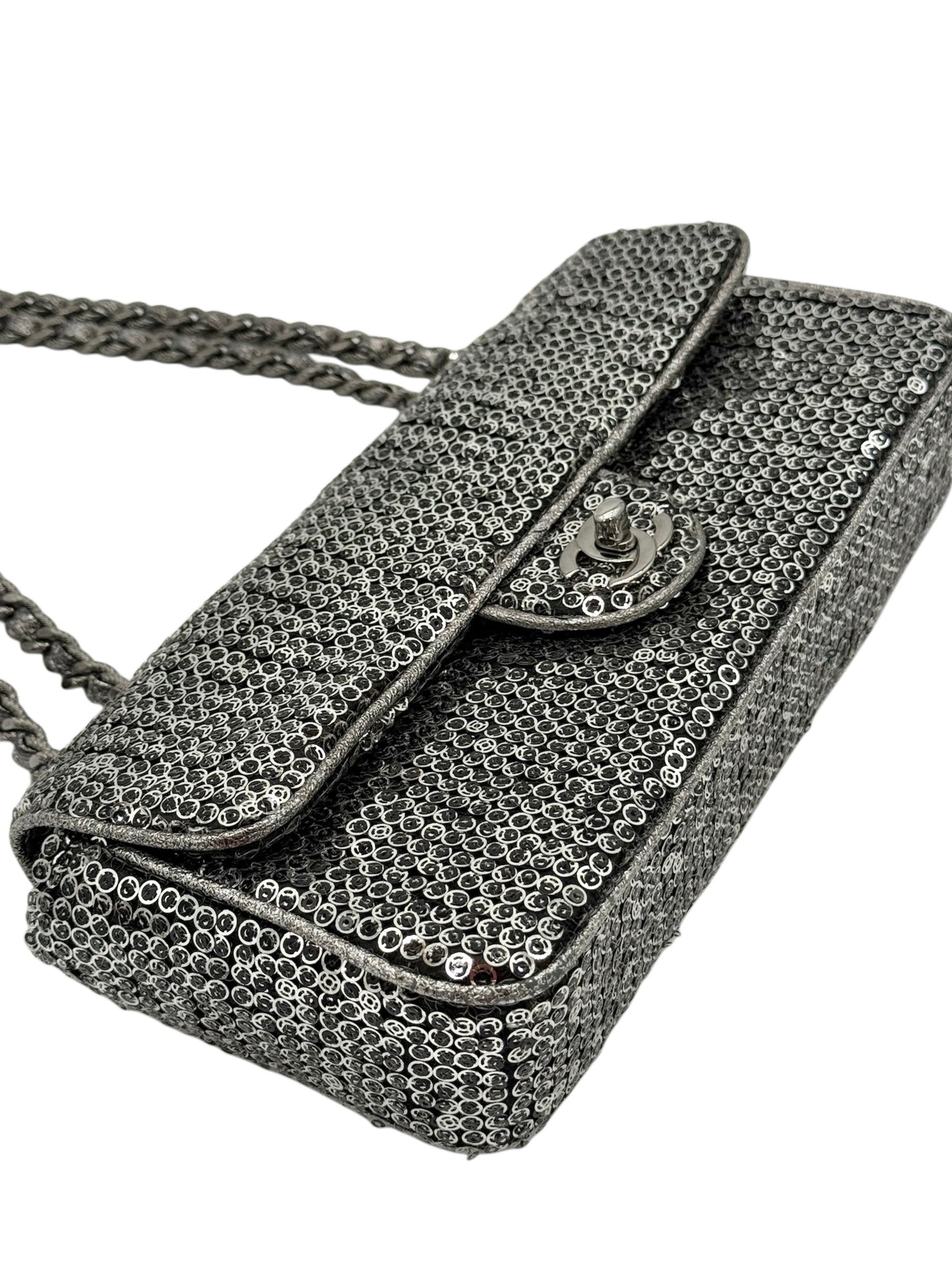 Chanel Vintage Pewter Silver Sequin East West Classic Flap Shoulder Bag